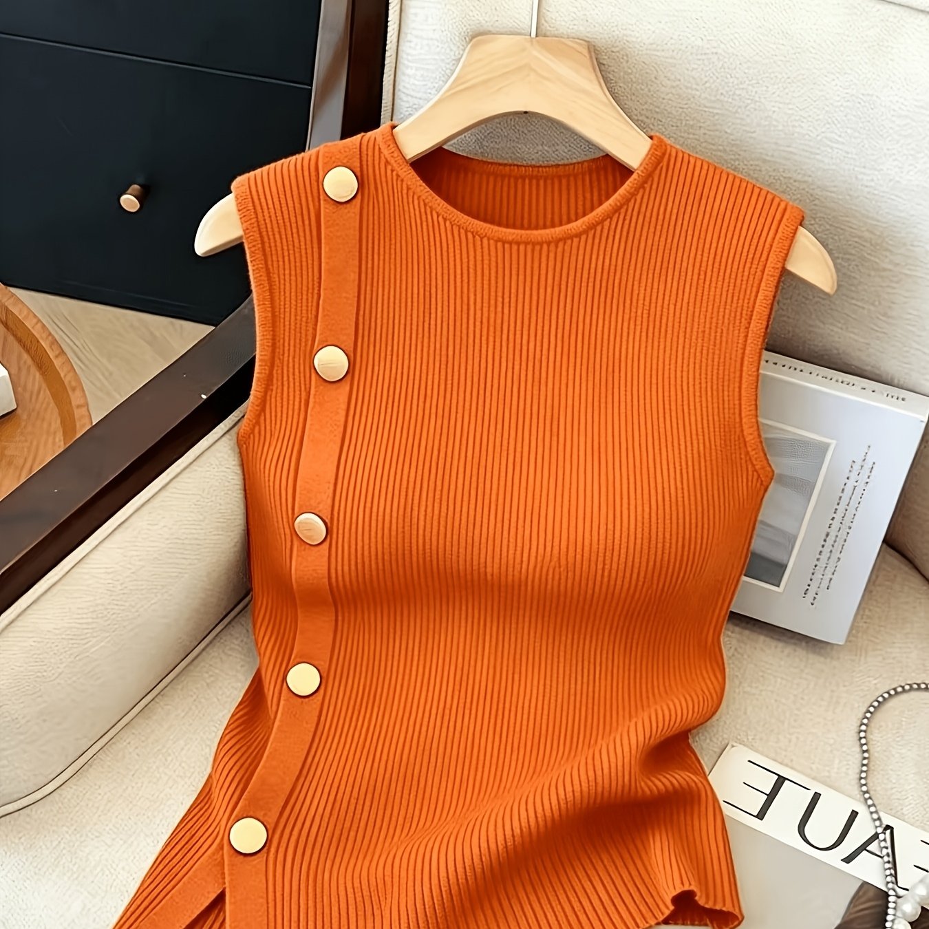 TEMU Women's Sleeveless Top With Metallic Button Accents, Simple And Elegant, Suitable For Commuting, Business Casual, And Office Wear. Parties, New