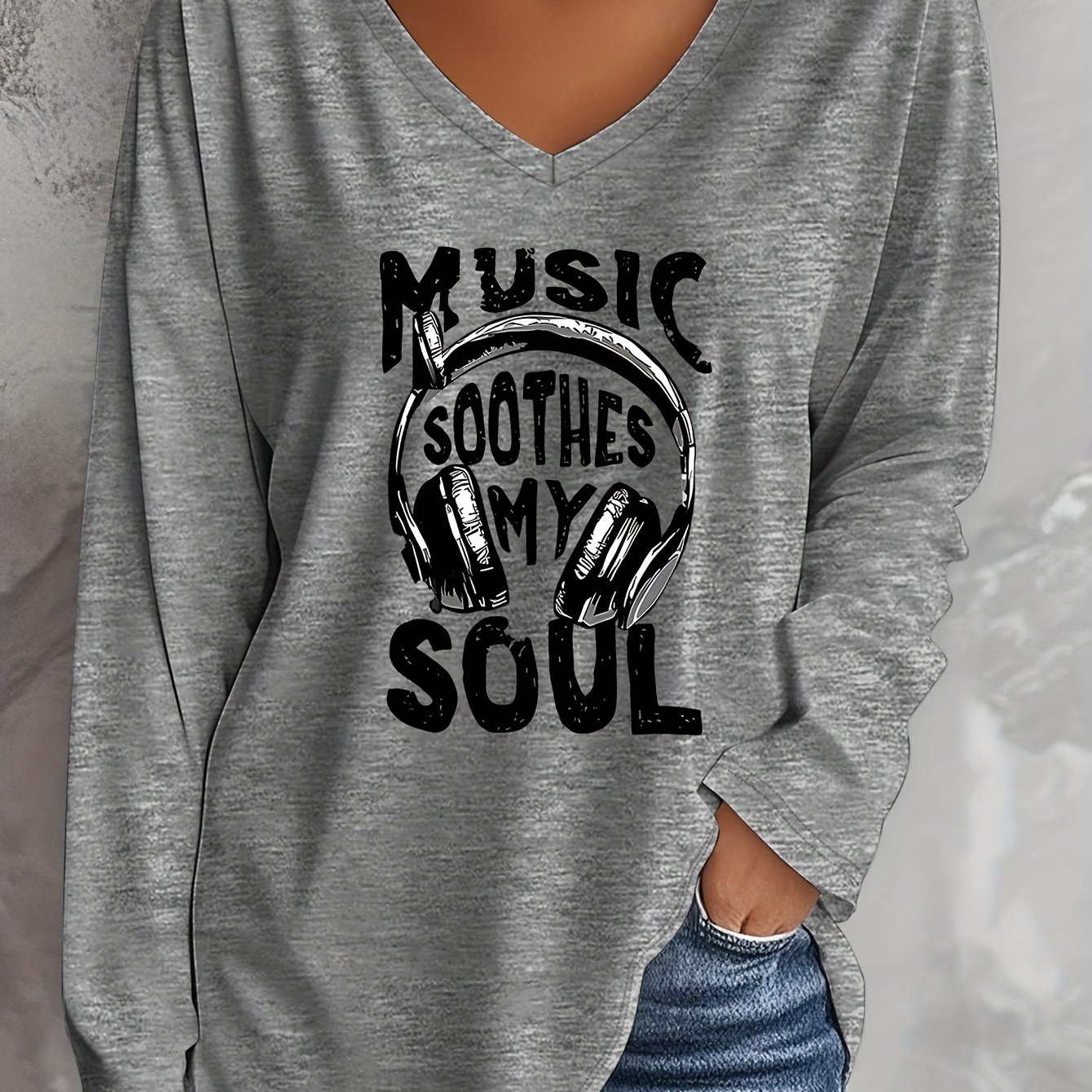 TEMU Grande Taille - Grande Taille - Mode Printemps et Été Grande Taille Femme Lettre "La Musique Apaise Mon Âme" Imprimé Casque Décontracté Manches
