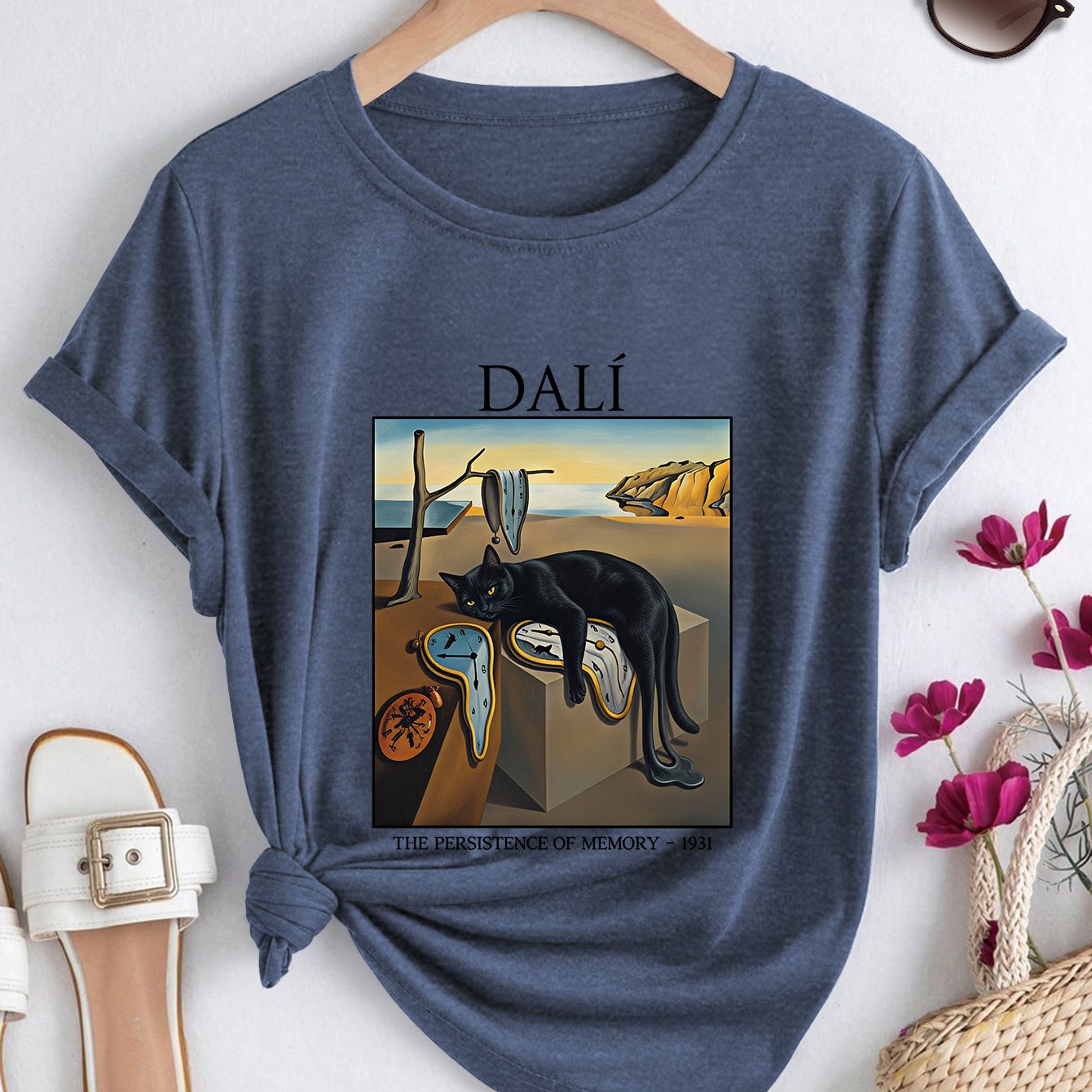 TEMU Plus Size Women's Summer Short Sleeve, Black Cat Art Print Retro Round Neck Elegant T-shirt, 2026 Spring Summer Soft Loose Casual Top, Elegant