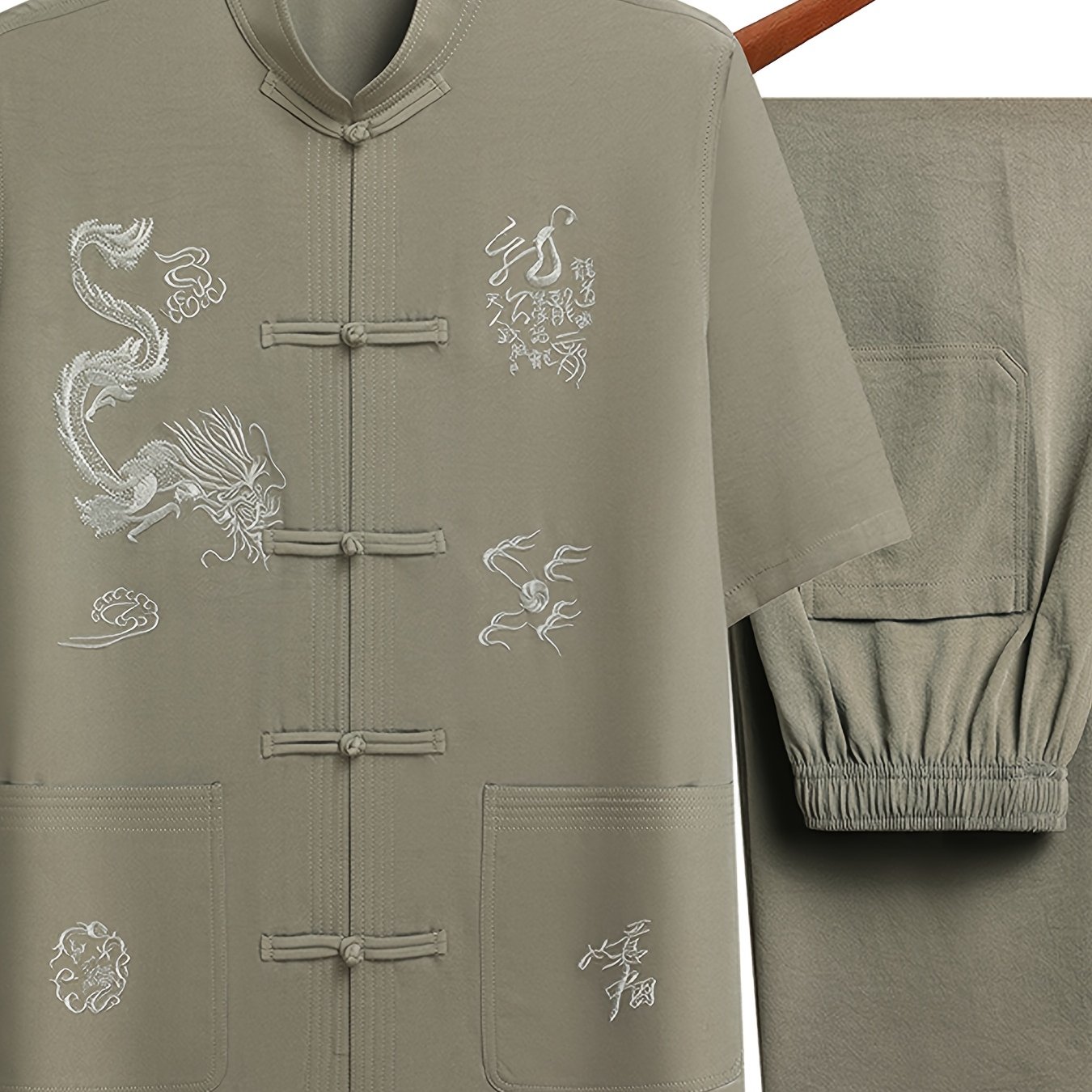 TEMU Men's New Dad Suit Outerwear Casual Loose Stand-collar Short-sleeve Jacket And Pants Set