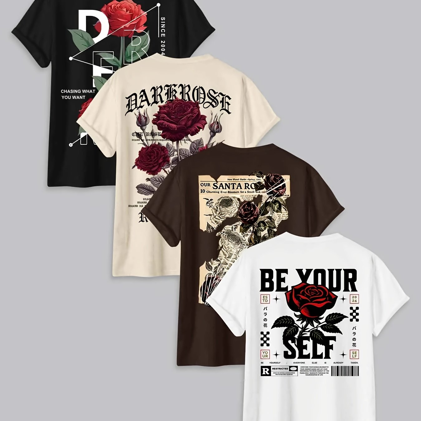 TEMU Men's Rose Short-sleeve T-shirt 4pcs Set - Summer Crew Neck Top, Suitable For Daily Wear And Outdoor Activities, Casual Apparel, Geometric