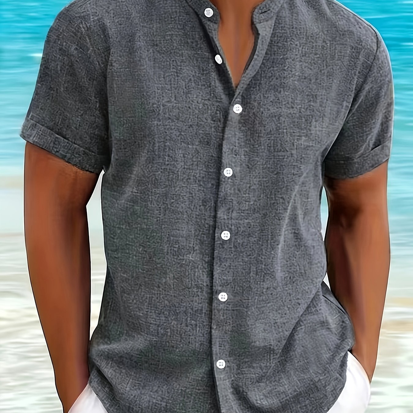 Men's Summer Casual Collar Button-up Shirt, Solid Color, Suitable For Office, Outdoor, Business Vacation, And Beach