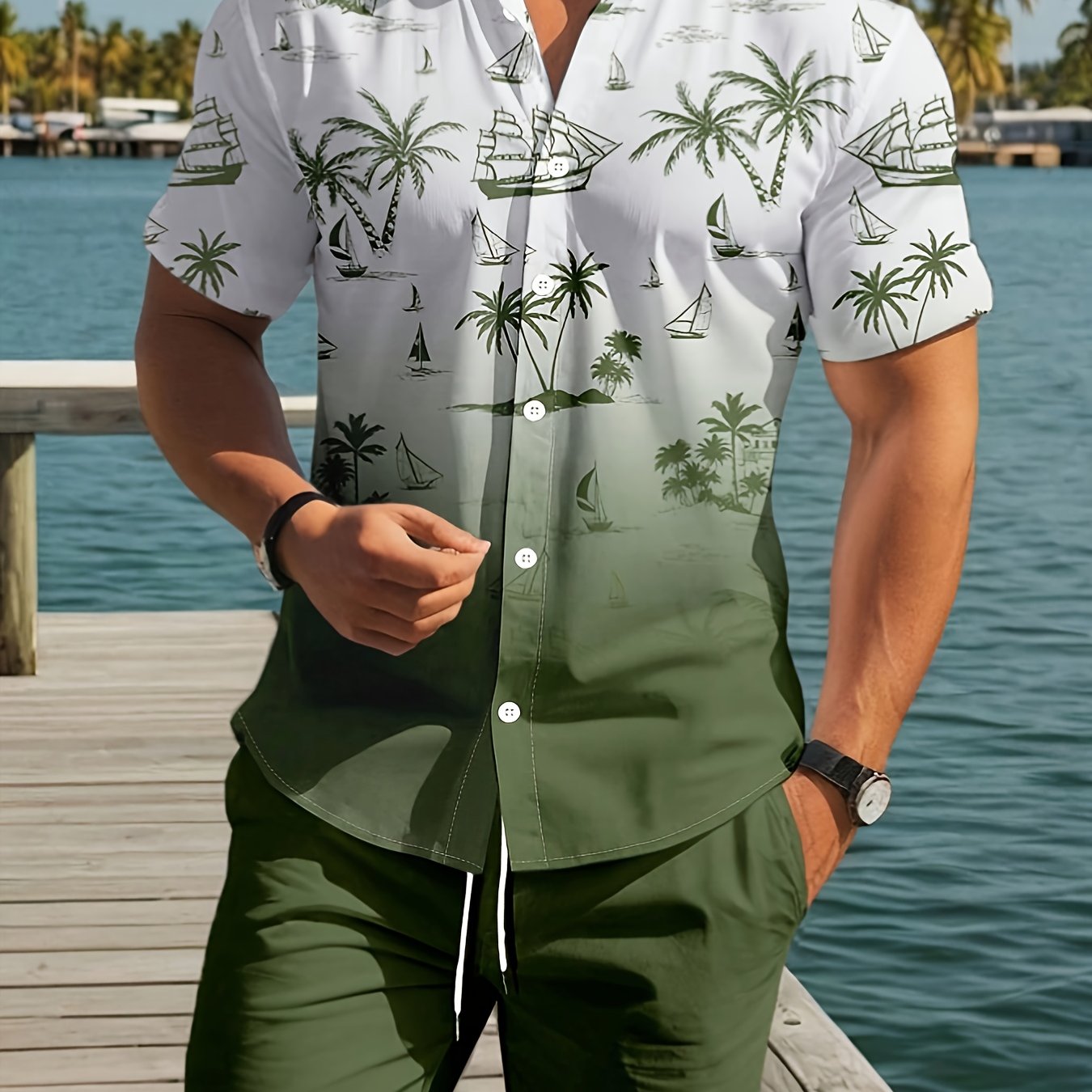 2pcs Men's Short-sleeve Shirt And Drawstring Shorts Set