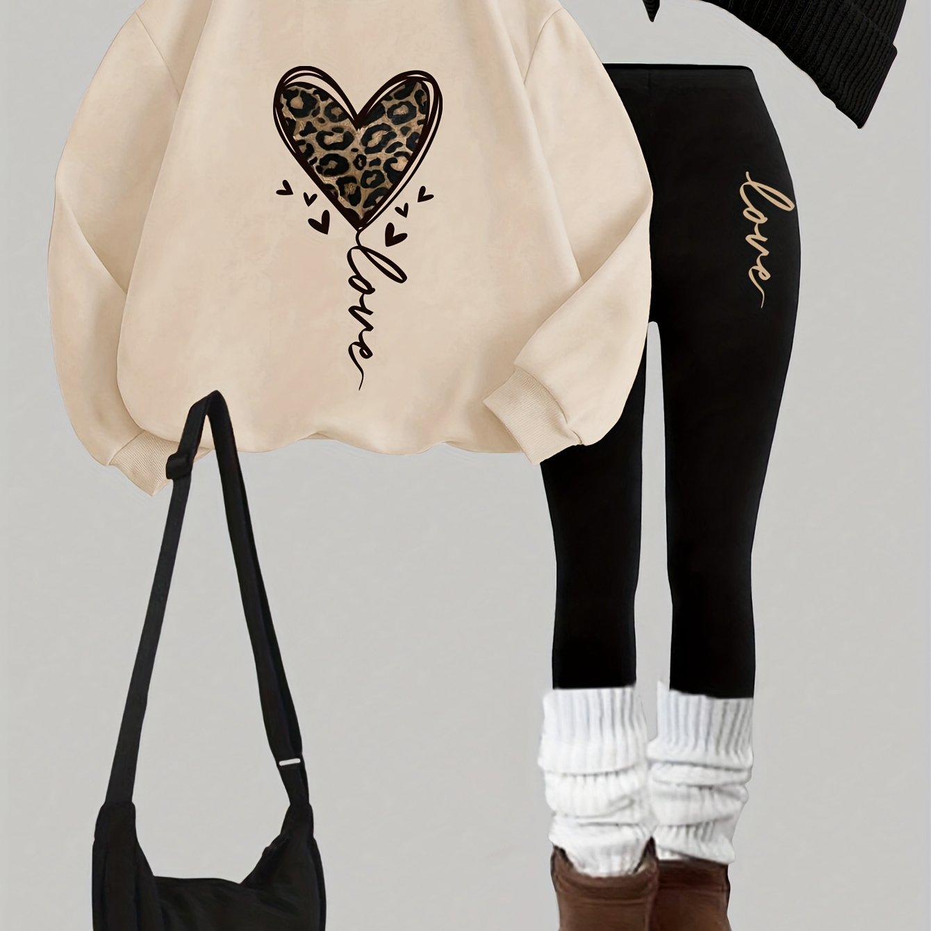TEMU 0926, 1 Set Casual Damen Sweatshirt Outfit, 2-teiliges Set mit Herzprint, Rundhals Langarm Sweatshirt Leggings, Einzeln oder als Layer-Stück ,