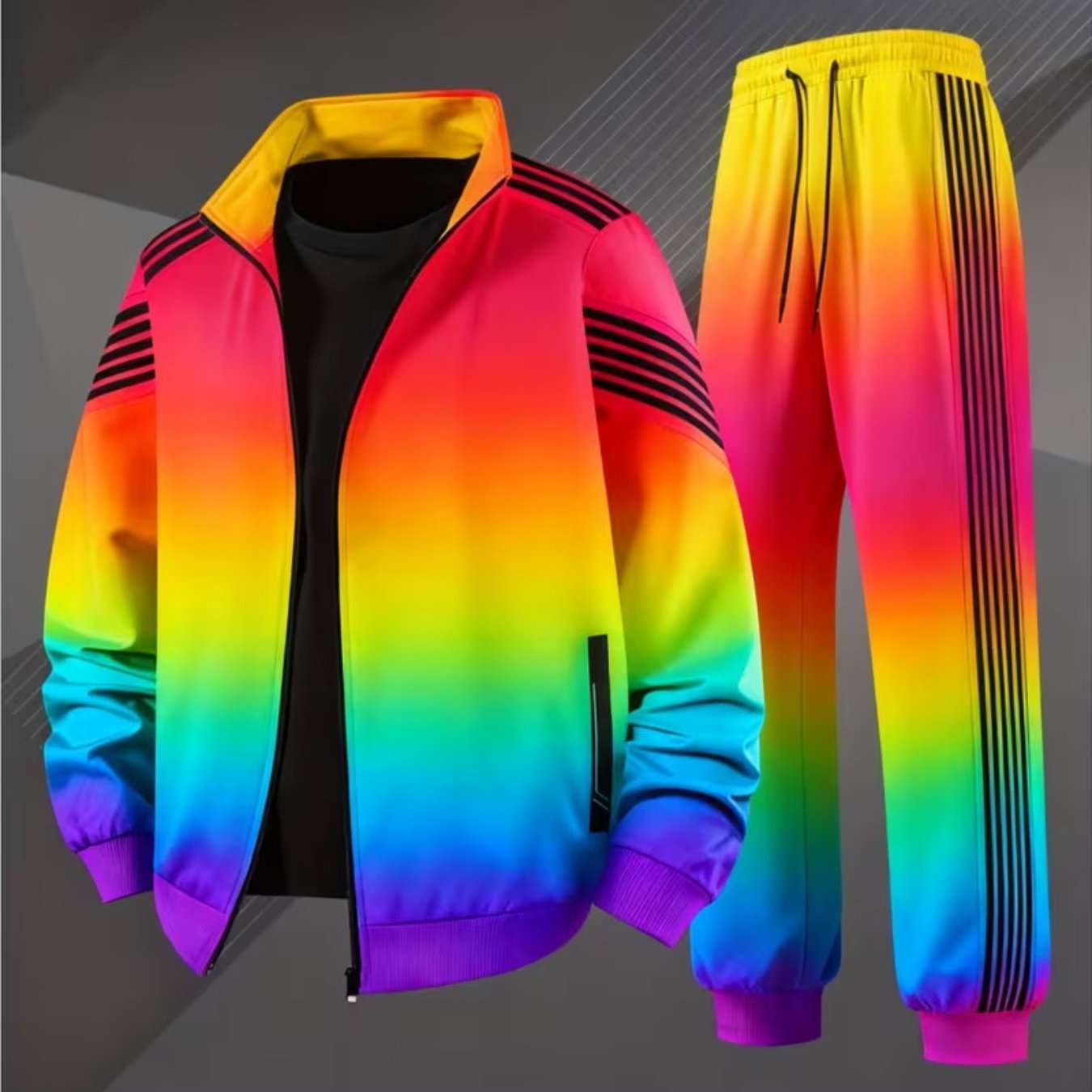 Men's Casual Sportswear Featuring A Zip-up Tracksuit Set In A Trendy Gradient Rainbow Design With Black Stripes, Perfect For Street Style