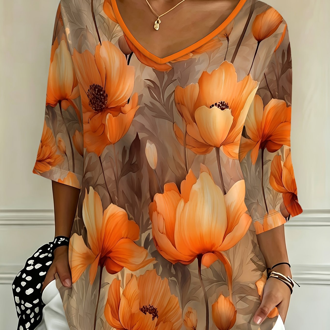TEMU Plus Size, New Casual And Fashionable Holiday Women's Plus Size Floral -quarter Sleeve V-neck Loose Fit T-shirt Top