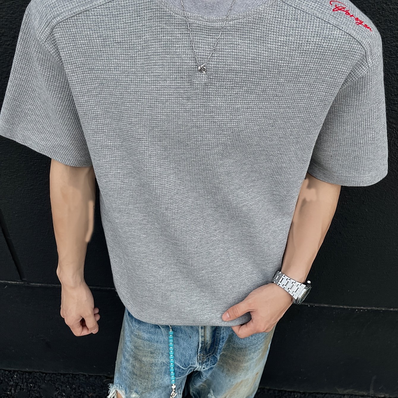 TEMU 남성용 캐주얼 스포츠 티셔츠, 자수가 특징인 패셔너블하고 트렌디한 남성용 티셔츠, 심플하고 활용도 높은 단색 라운드 넥 반팔, 약간의 신축성이 있는 편안한 루즈핏, 여름 데일리 캐주얼웨어에 이상적