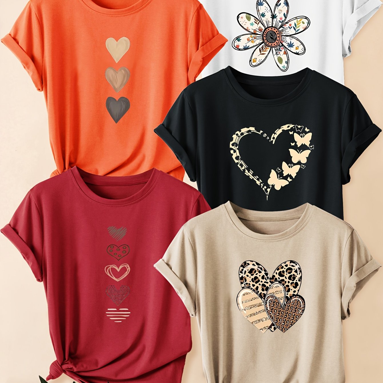TEMU Five-piece Set Of Women's Short-sleeve T-shirts With Heart And Leopard Print Designs, Featuring A Round Neck And A Relaxed Fit, Perfect For