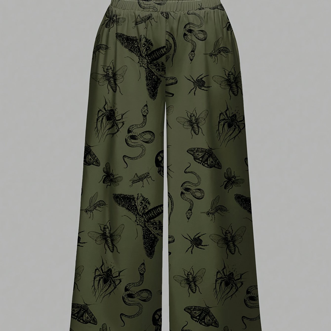 E-shop Gothic-Stil Weitbeinige Hosen mit Grünpflanzen-, Totenkopf-, Schlangen-, Motten- Spinnen-Prints, Dunkel Schaurig, für Halloween
