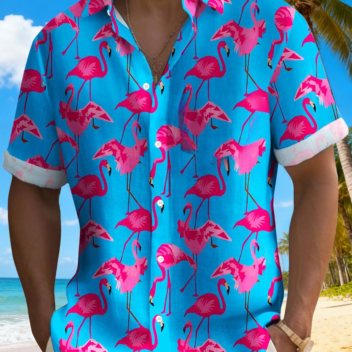 TEMU - Men's Hawaiian Shirt, Flamingo Print Men's Short Sleeve Vacation Shirt