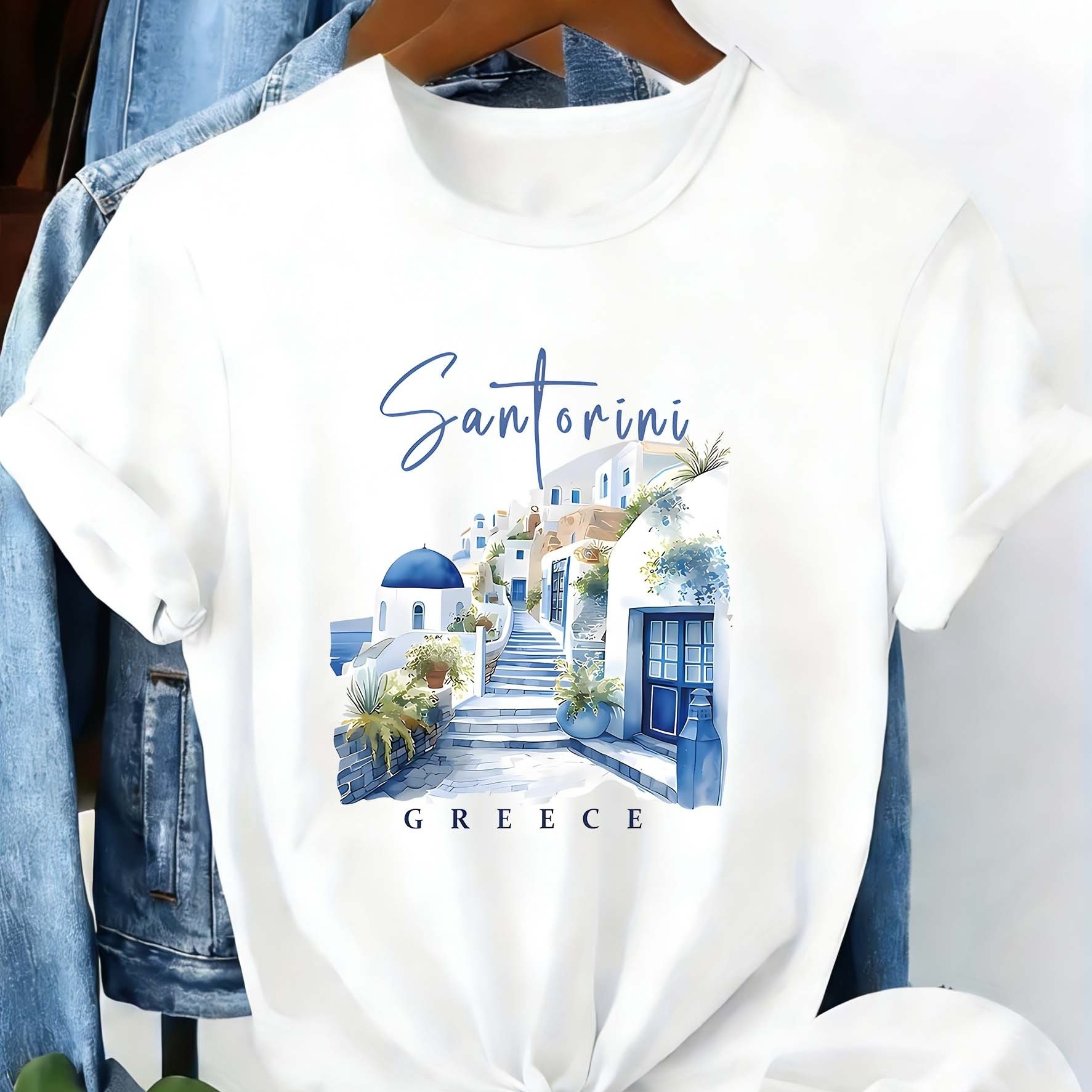 TEMU Plus Size, Dames Plus Size Griekenland Santorini Aquarel Grieks Print T-Shirt - Korte Mouwen Blouse Top, Comfortabele Ronde Hals Vakantie Outfit