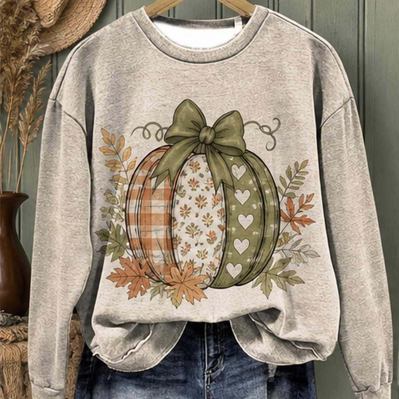 TEMU Women's Fall Crewneck Sweatshirt With Front Pattern, Pumpkin Bow And Printed Loose Casual Daily Multi-scene Long Sleeve Top
