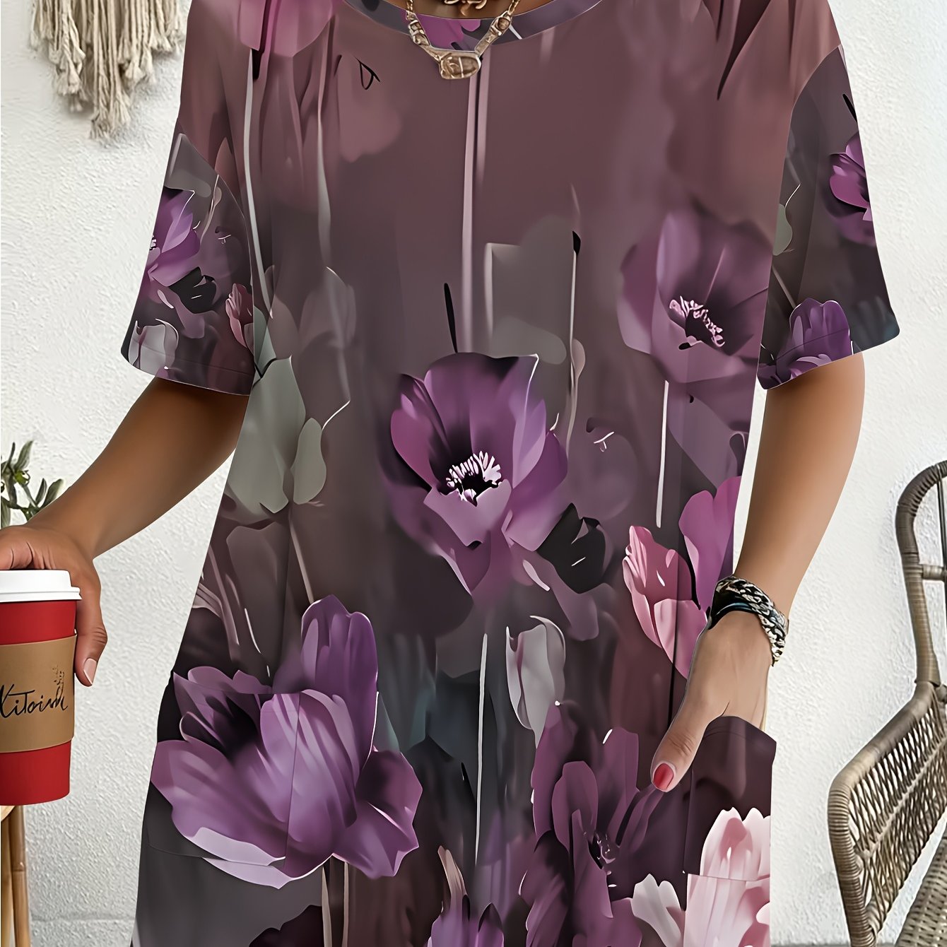 TEMU Womens Large-size T-shirt With Purple Floral Print, , Suitable For Daily , Campus Life, Outdoor Activities, Casual Gatherings, Home Relaxation,