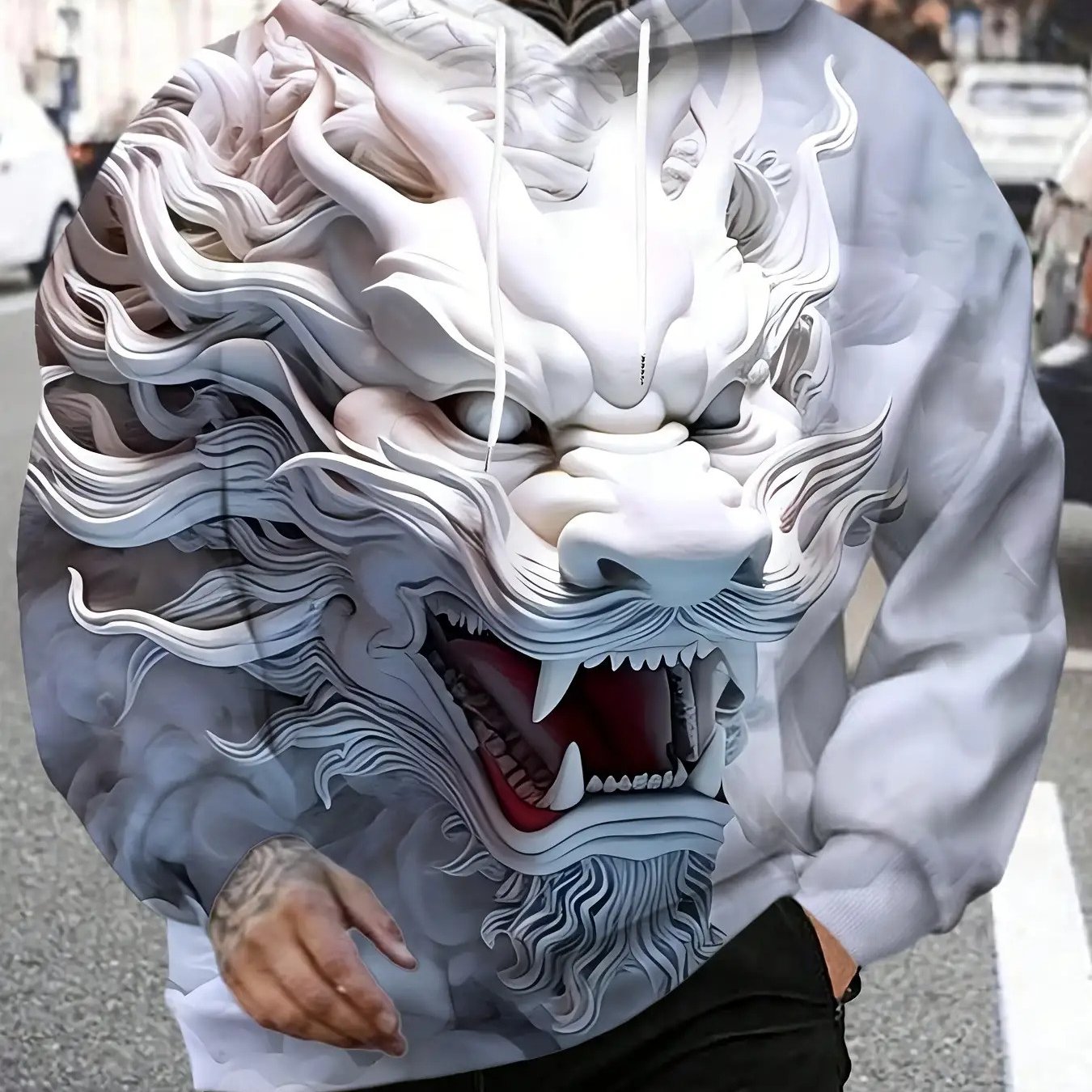 TEMU Men'/gray Dragon Print Hoodie - Stretch Knit Sweatshirt With Drawstring Hood And Side Pockets - Fitness, Streetwear, Casual Wear - Machine