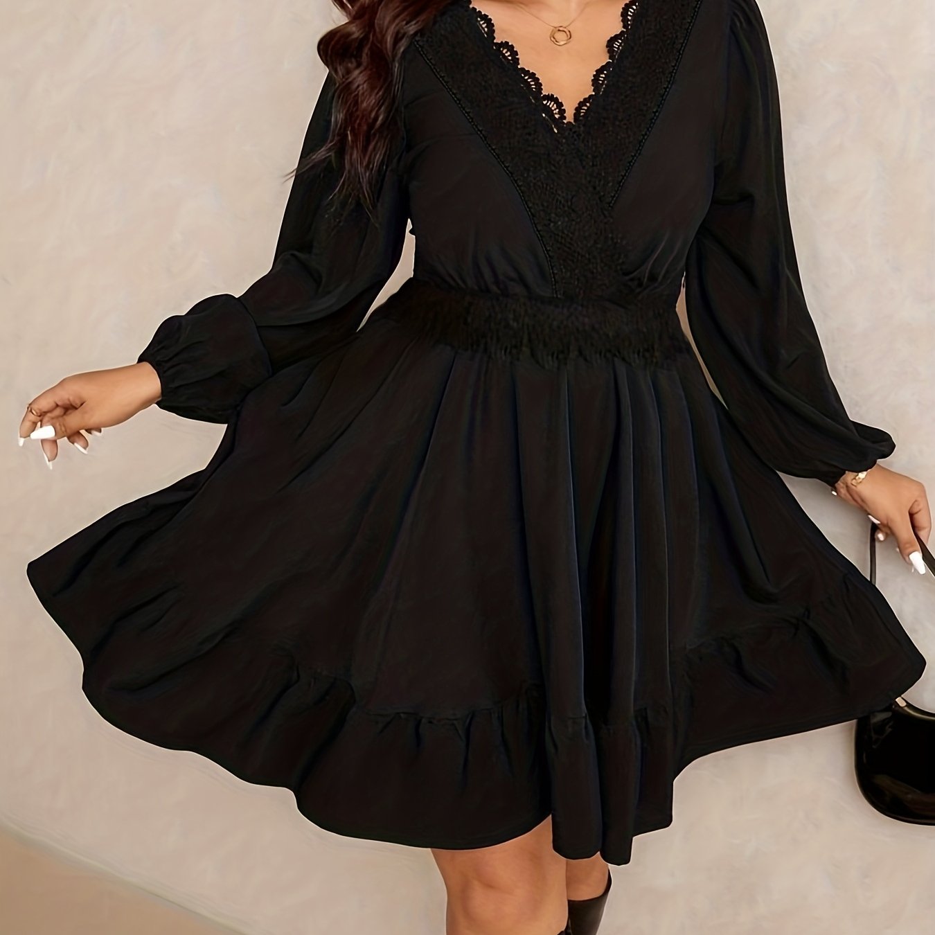 TEMU Plus Size, Plus Size Elegant Lace Black Maxi Dress - Maxi Dress, Machine Washable Boho Dress For Weddings, Parties & Daily Wear