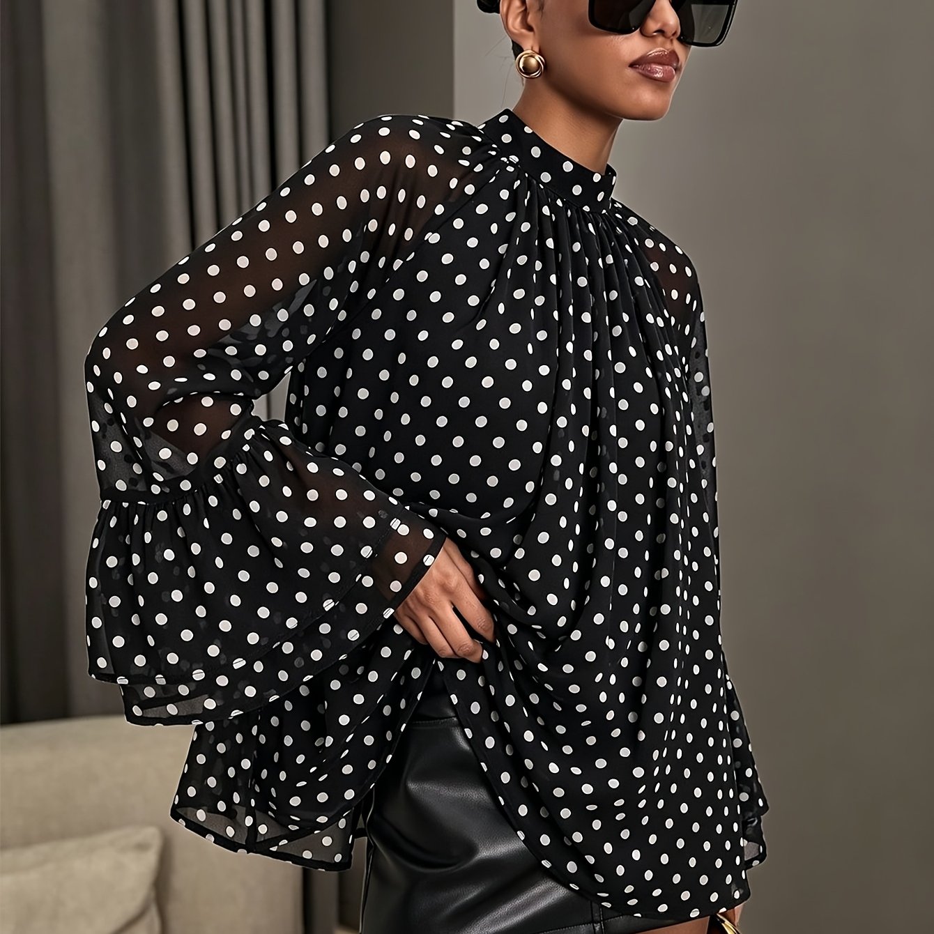 TEMU Women's Vintage Polka Dot Casual Elegant Commuter Shirt, Fashionable Round Neck Loose Street Style Top Shirt, Long Sleeve Chiffon Shirt With