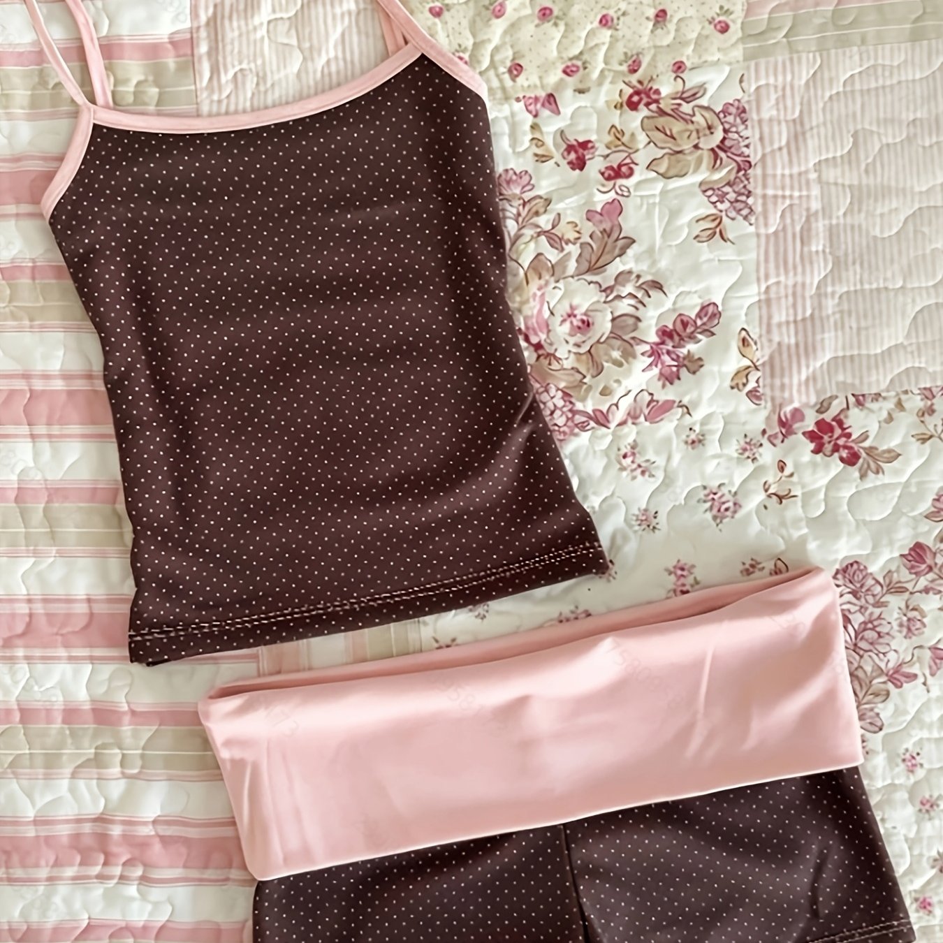 TEMU Ensemble 2 pièces Y2K Rétro à Pois Cami Shorts, Rose Marron Contrasté Style et Doux, Tenue Décontractée Tendance et Portable