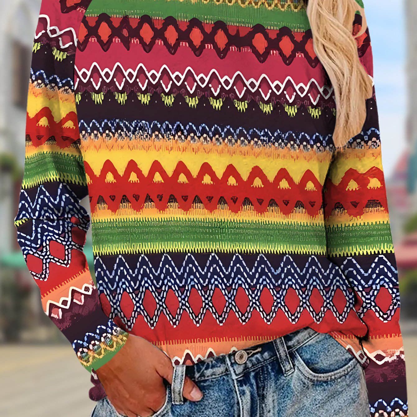 TEMU Women's Long Sleeve T-shirt, Colorful Ethnic Style Geometric Pattern Striped Polyester Fabric, Machine Washable, Lapel Collar With Buttons,
