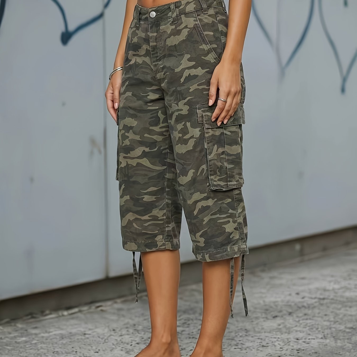 Image of New Women's Vintage Distressed 7/8 Length Cargo Pants, Multi-pocket Straight Wide Leg Capris, Street Camo Pants, Versatile Casual Trousers For Daily , Street & Vacation, 2 Colors