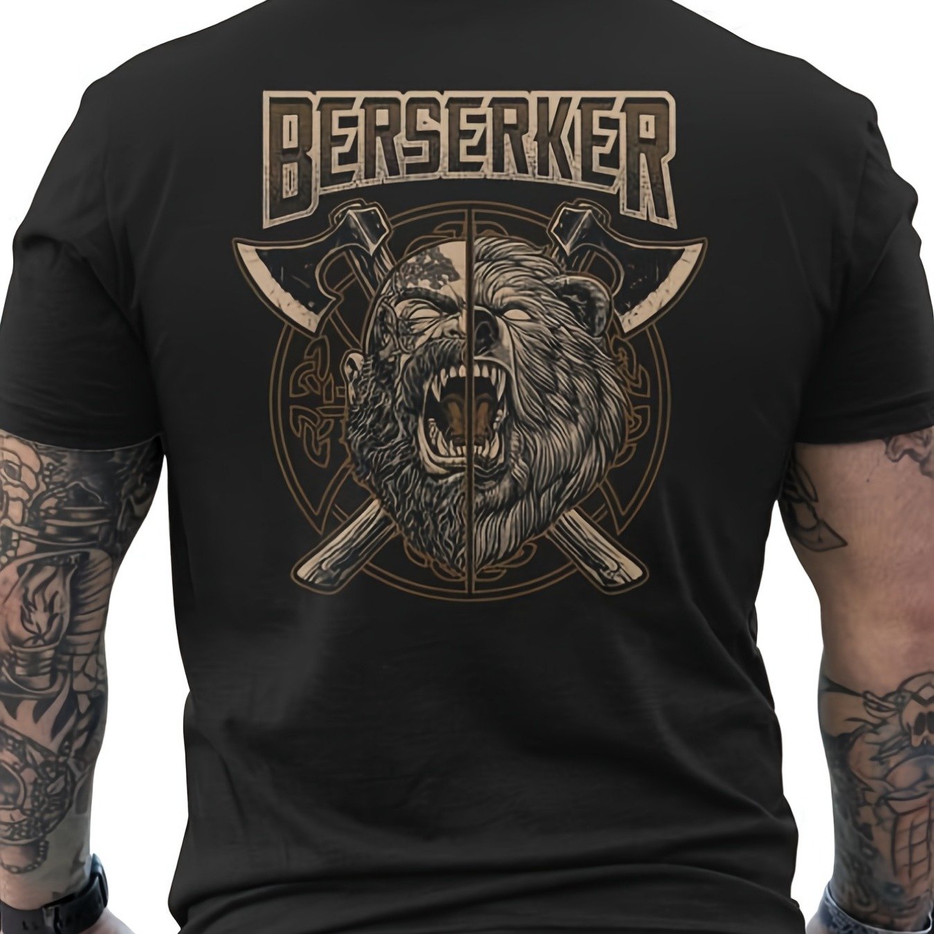 Berserker Scandinavian Pagan Norse History T-shirt | Back Print Art & Norse Myths Design, Casual Round Neck Short Sleeve Tee For Festivals, Costume Events & Casual Attire, Regular Fit, , Crew Neck