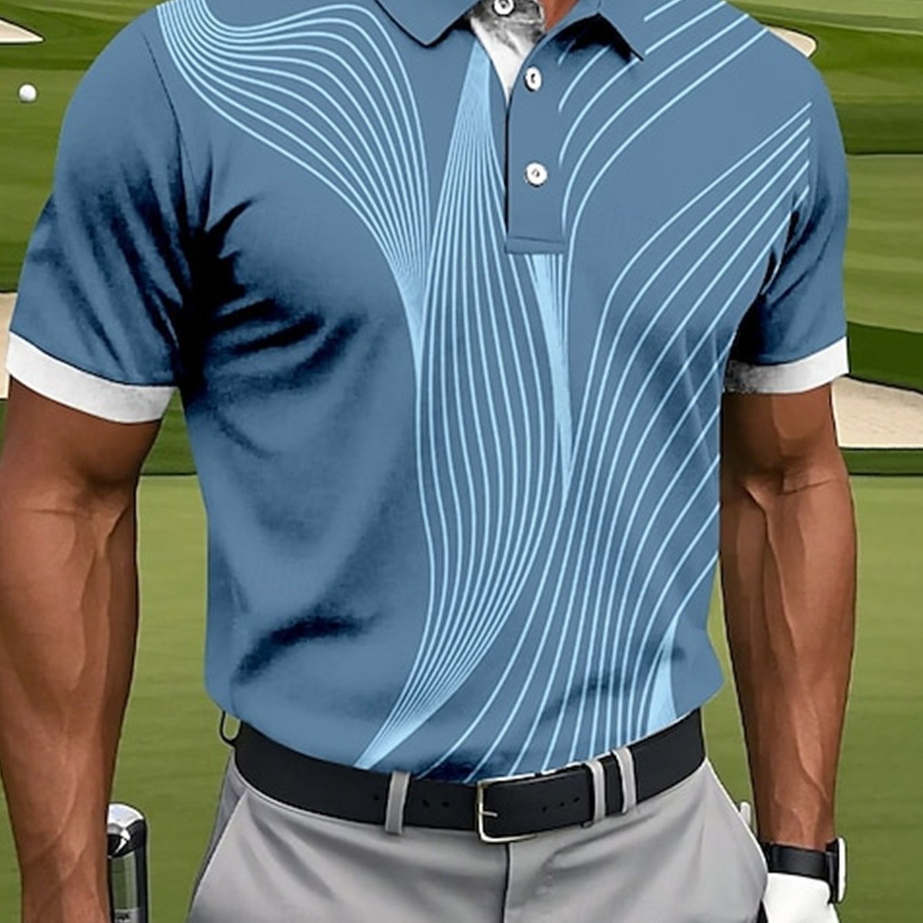 TEMU Men's Breathable Shirt With Geometric Stripe Print - Short Sleeve Golf And Business Casual Shirt, Machine Washable Moisture-wicking Fabric,