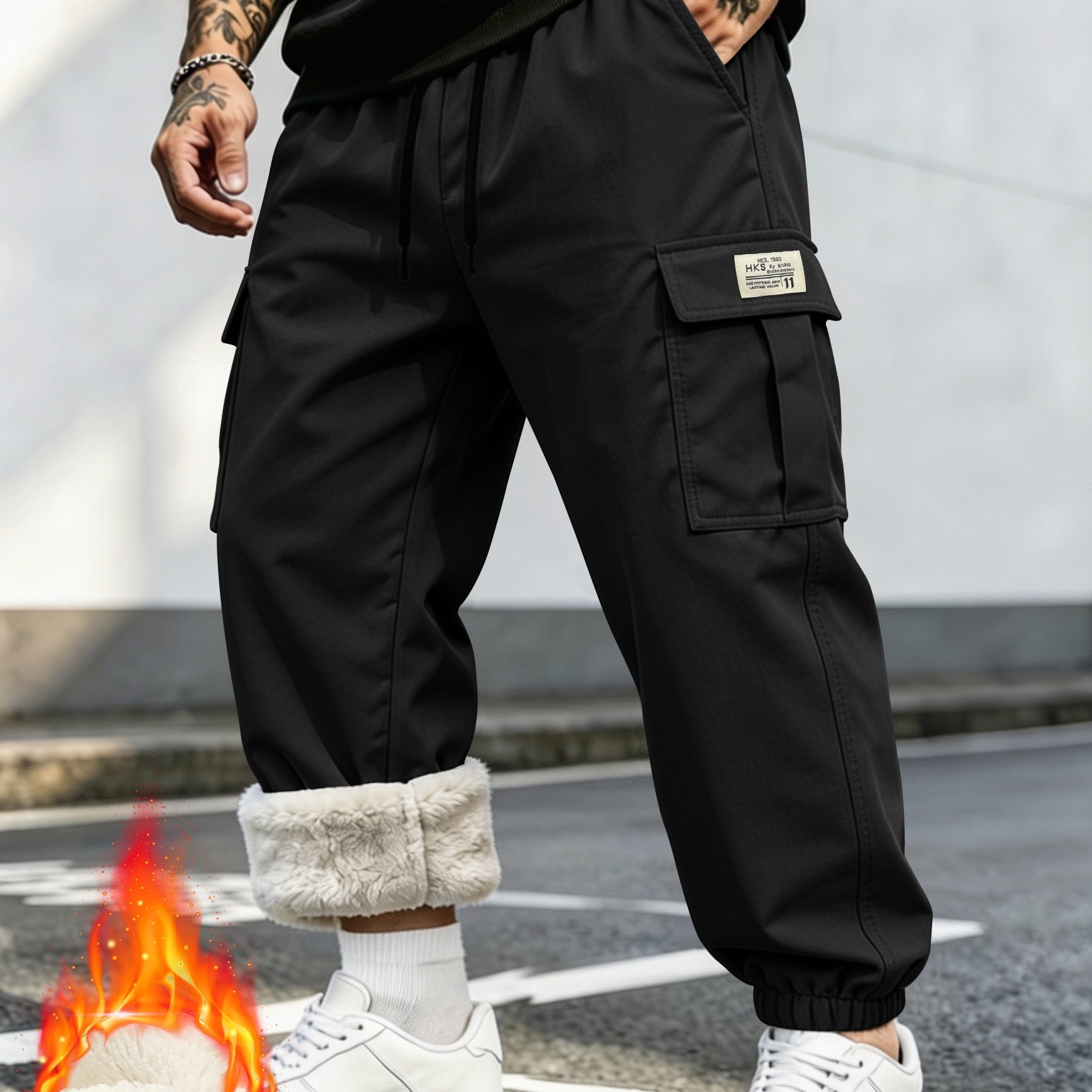 TEMU Pantalon cargo décontracté doublé pour homme - Taille à cordon de serrage, poches à avec fermeture éclair, et intérieur doublé pour la chaleur.