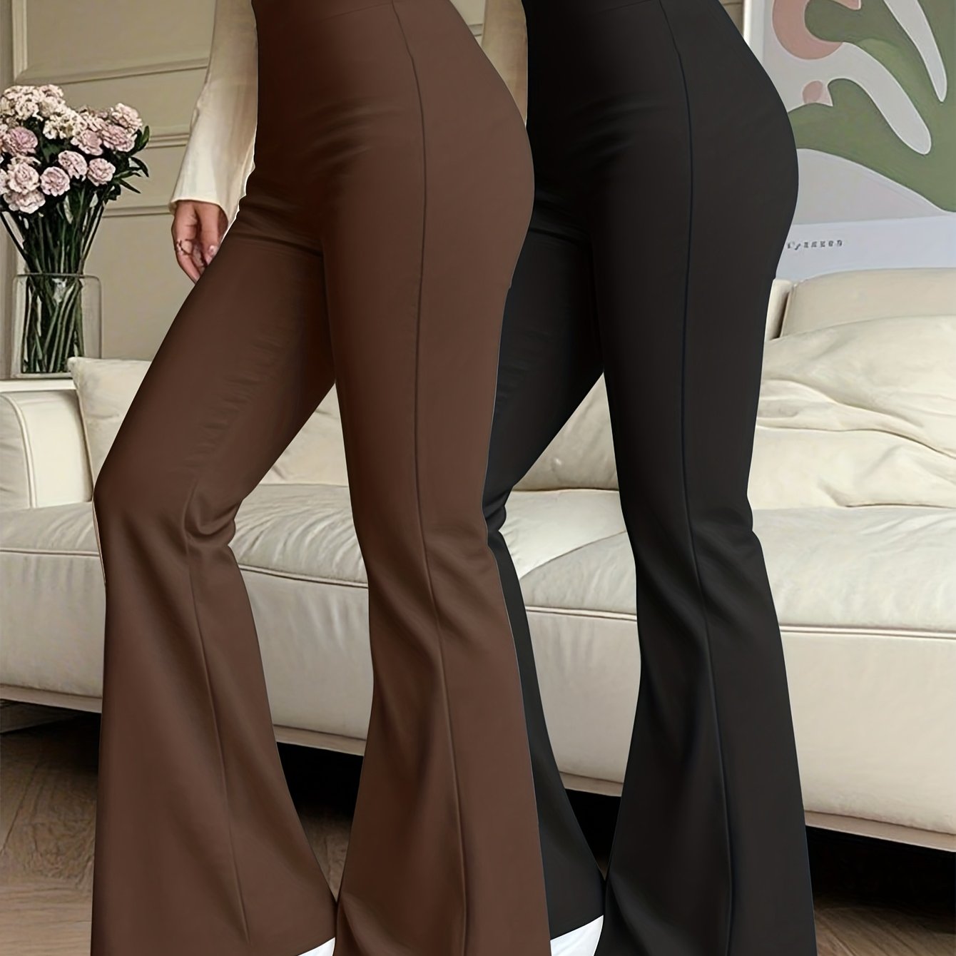 Women's 2pcs Set Of Fashionable, Comfortable,, Slightly Flared, Elastic Waist Casual Long Pants For Spring, Summer, Autumn, And Winter