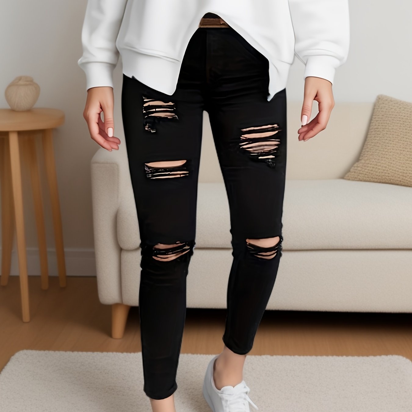 Women's Casual Stretchy Ripped Capri Pants Denim Jeans