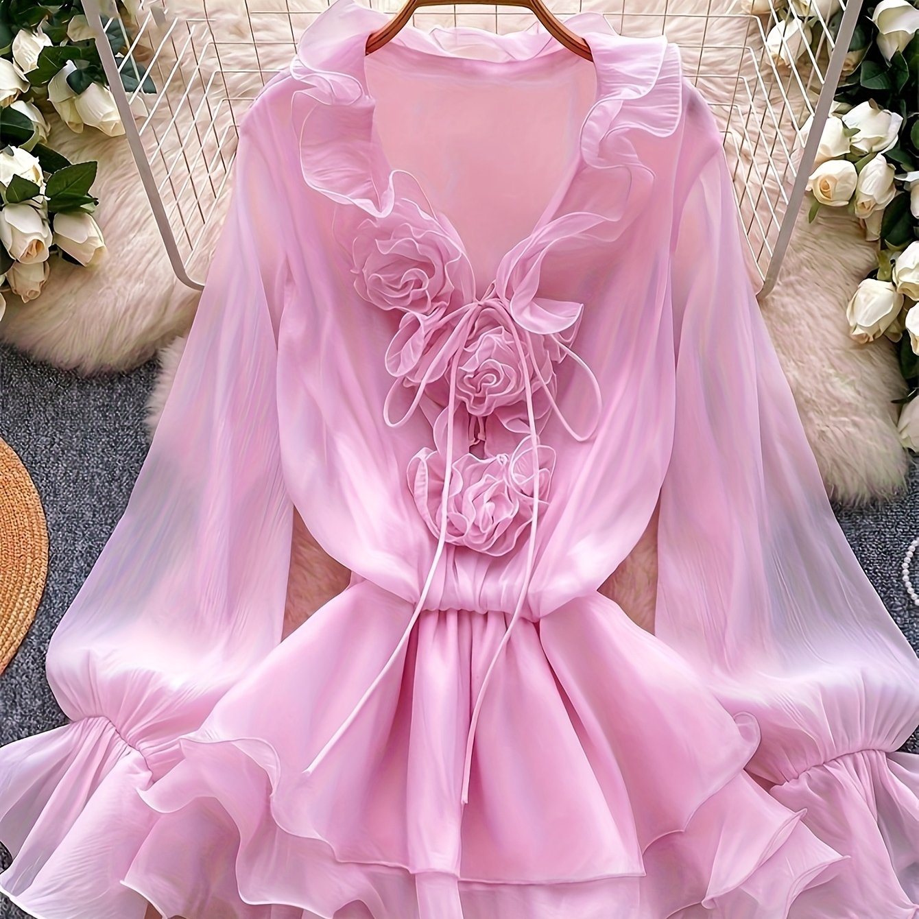E-shop Damen Neues Atmosphärisches V-Ausschnitt 3D Blumen Tie-Waist Rüschen Chiffon Kleid