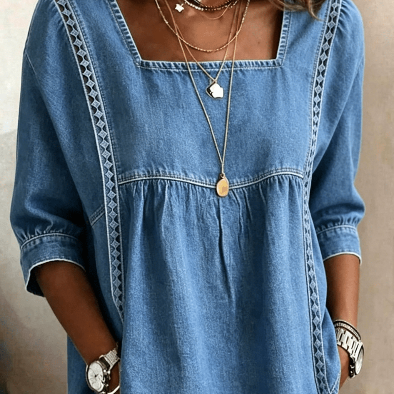 TEMU Women' Neck Lace Spliced Denim Top, Casual 3/4 Sleeve Loose Regular Fit Blouse, Vintage Washed Jean Shirt, Suitable For Daily Wear , Summer And