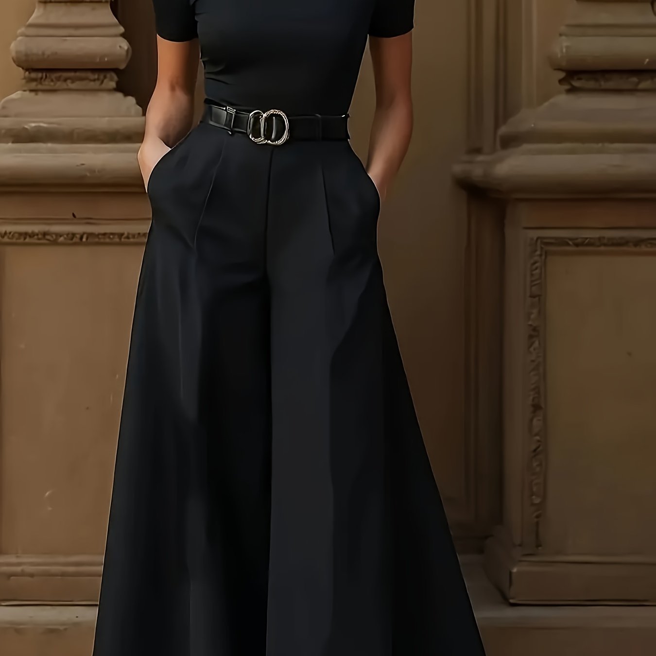 E-shop Plus Size - Plus Size - Elegante Damenhose mit weitem Bein - Modisches Taschendesign, nicht dehnbarer, einfarbiger Stoff, maschinenwaschbar,