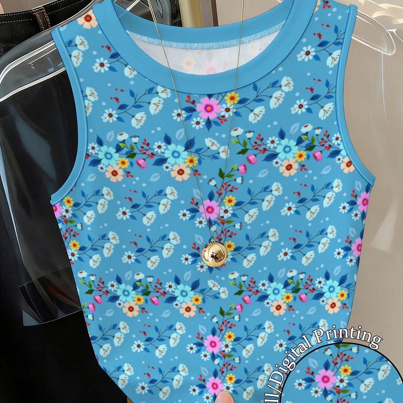 TEMU Y2k Spicy Neck Printed Tank Top, Slim-fit Sleeveless Top For Women