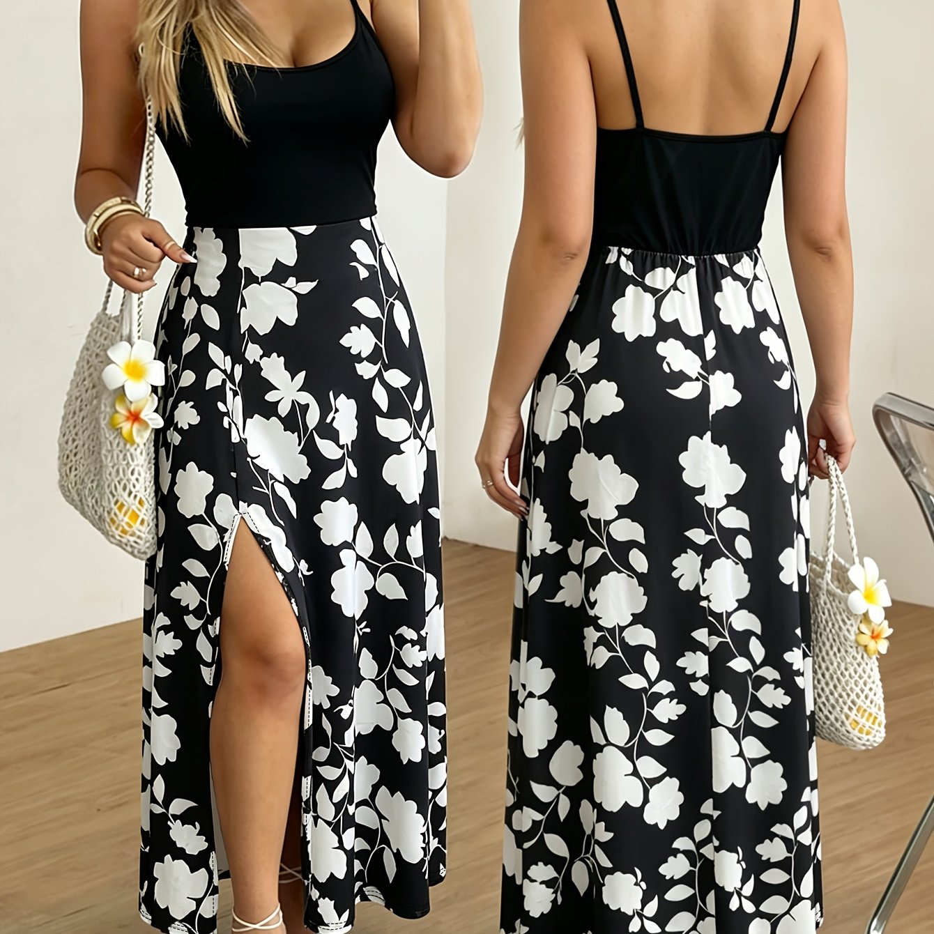 Image of 2026 Summer Women's Fashionable Elegant Casual Sleeveless Camisole Slip Skirt Floral Print Long Dress With Round Neck, Slit Hem, Waist-cinching Design For Commuting, , Seaside, Beach, And Vacation