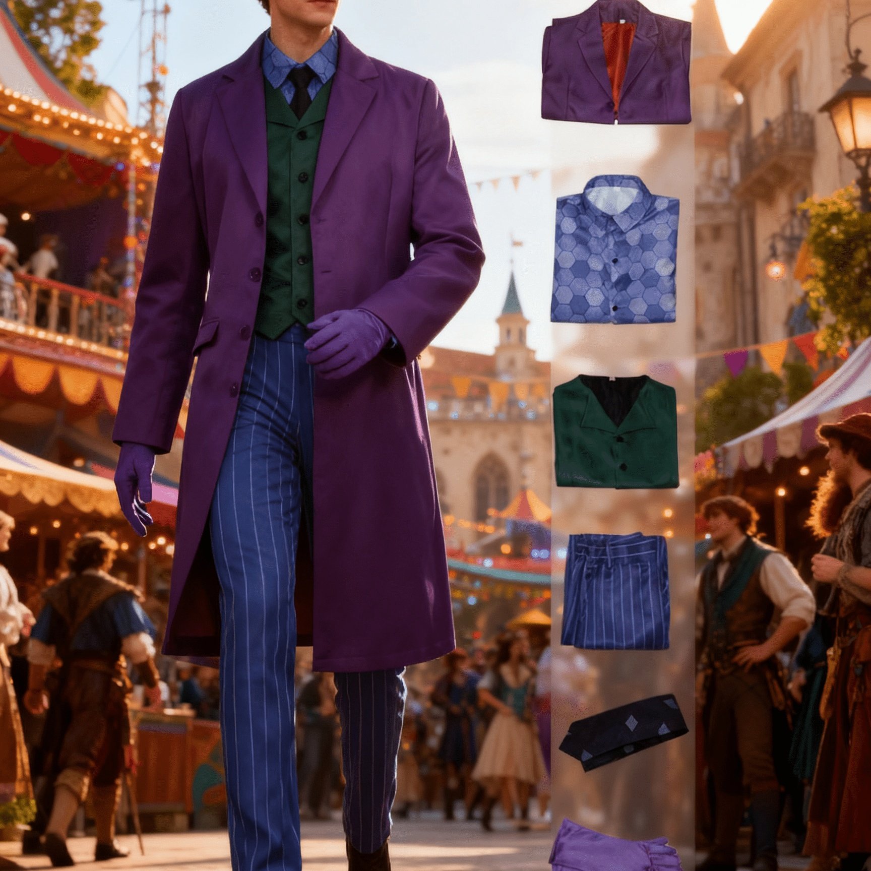 TEMU Men's Halloween Clown Costume Vintage Suit Set - Dark Punk Color-block Role Play Outfit, Purple Long Trench With , Striped Pants, Tie & Matching