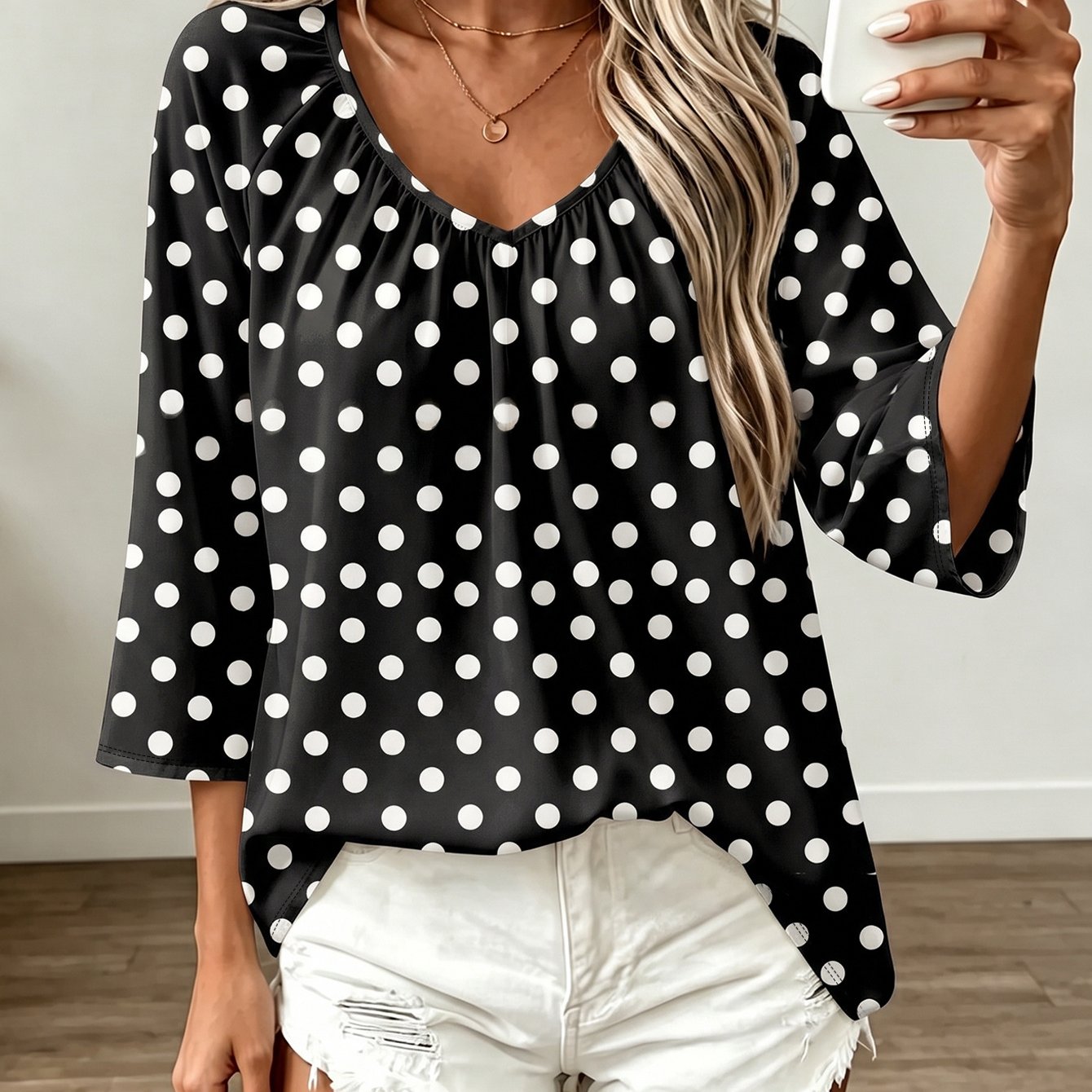 Image of Plus Size Women 3/4 Sleeve V Neck Black White Polka Dot Loose Casual Blouse, Classic White Big Polka Dot All Gathered V Neck Flared 3/4 Sleeve Drop Shoulder Straight Loose Shirt, Retro French Boho For