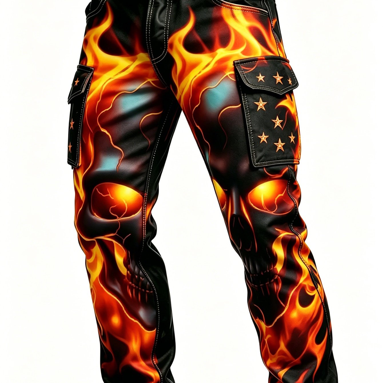Image of Men's Flame Skull Cargo Pants, Casual Daily Streetwear Outdoor Straight Leg Trousers