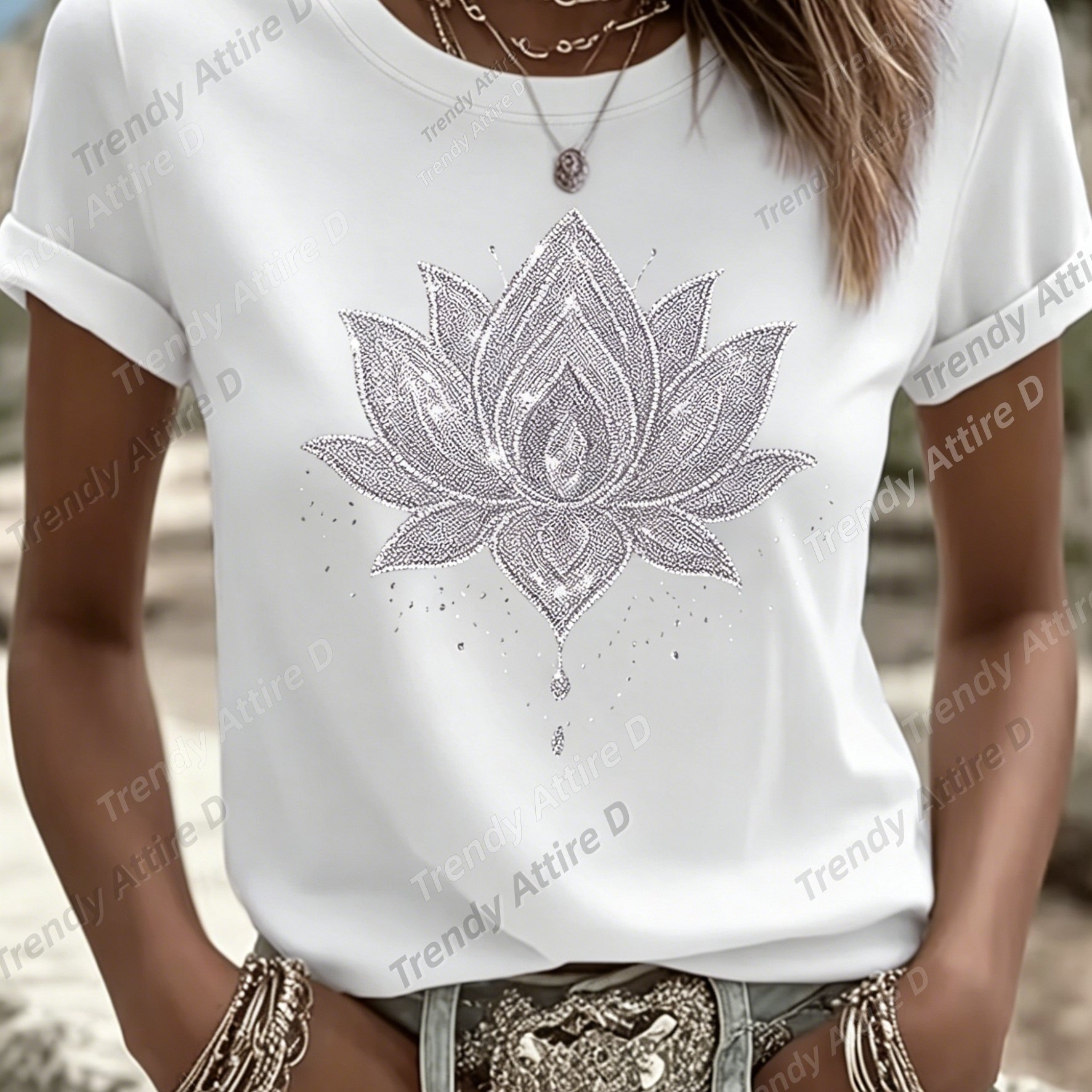 Image of Lotus Plant Floral Pattern Printed T-shirt Casual Short Sleeve Round Neck Top Fashionable Women's Clothing