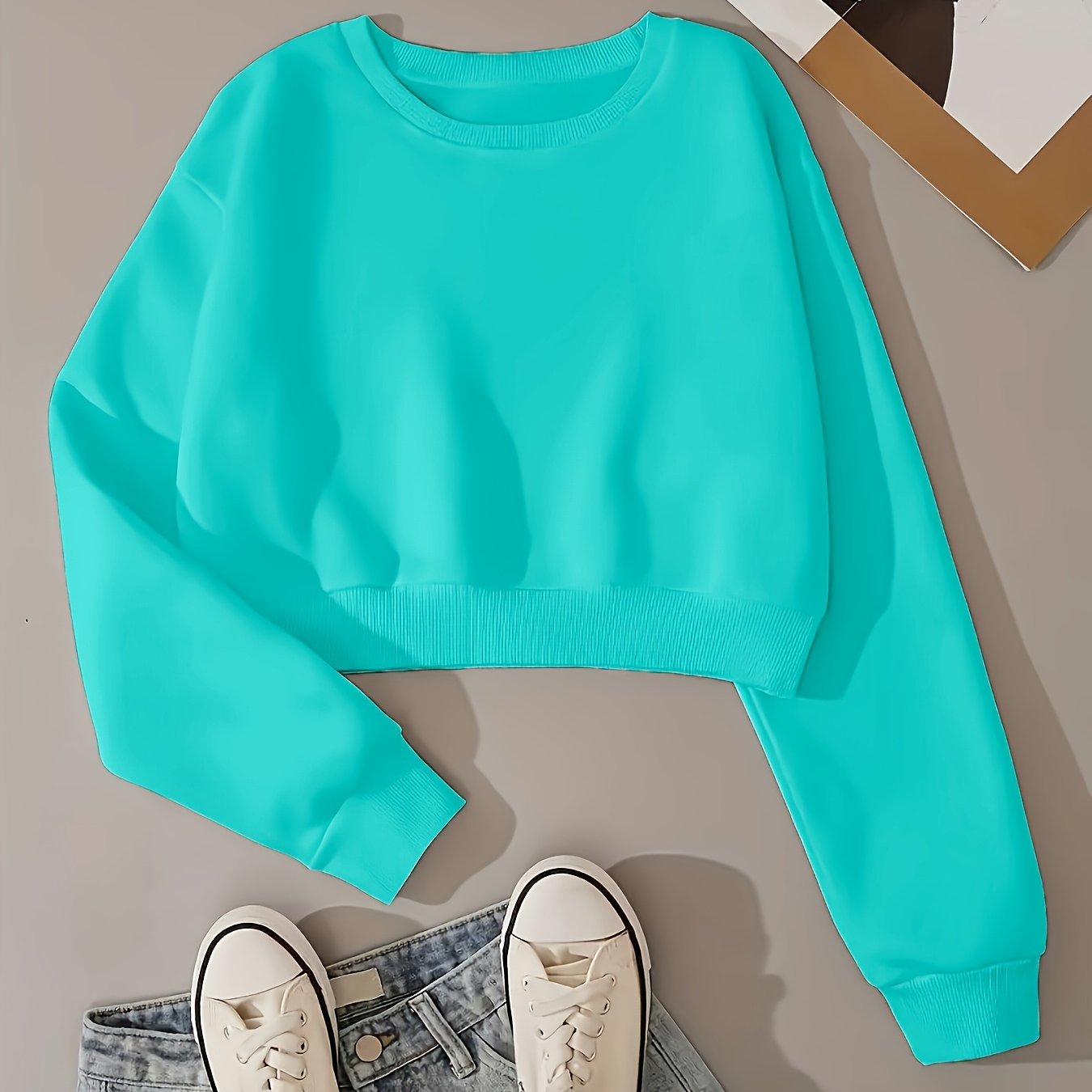 E-shop Einfarbiges, minimalistisches Damenmode Kurzarm Rundhals Sweatshirt, lockere Damen Fleece Pullover, verdickter Herbst- und Winter Casual Sport