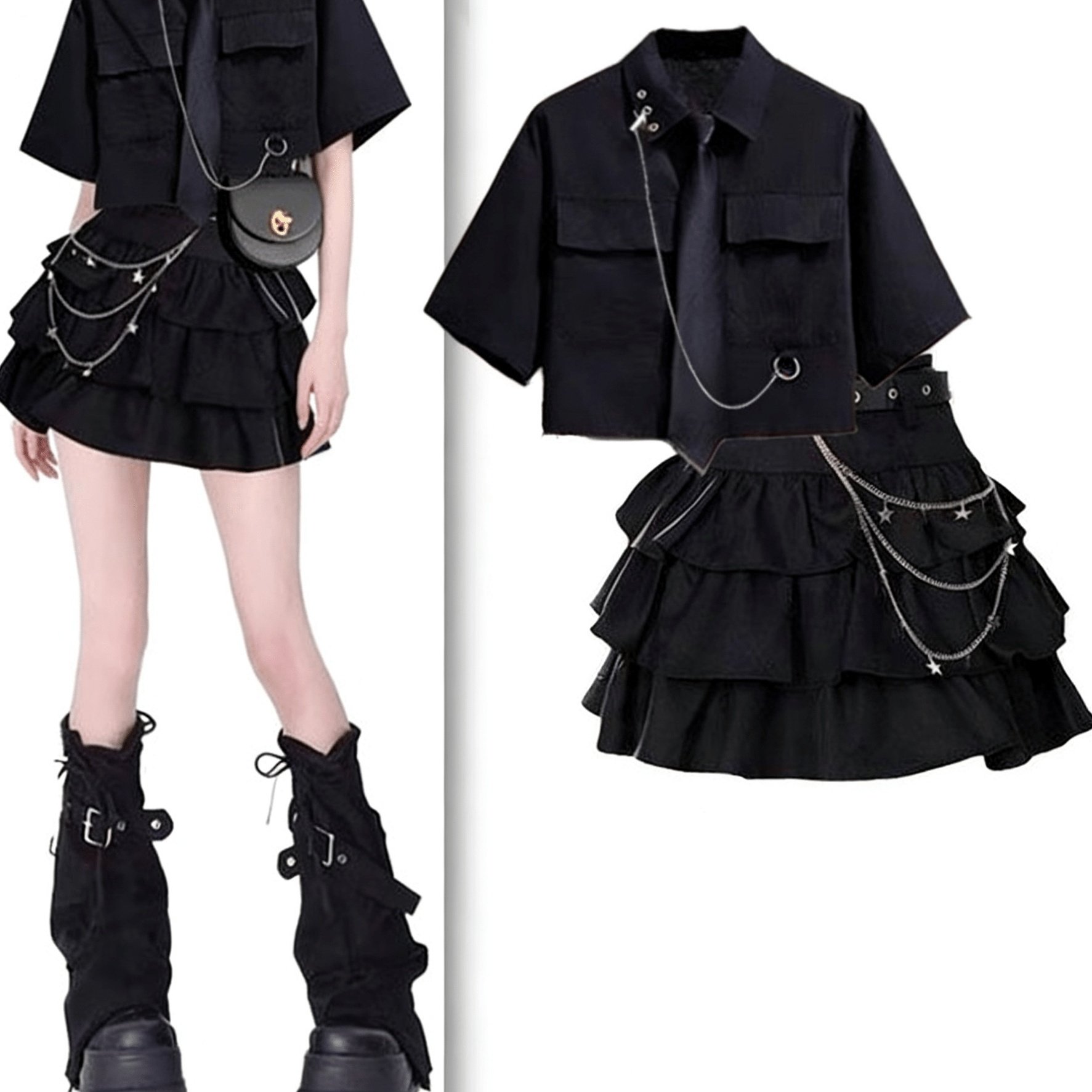 Women's Summer 2pcs Set, Y2k Street Style Short-sleeve Collar Chain Shirt With High-waisted Ruffle Trim Layered Mini Skirt Set, Women's Harajuku Style 2pcs Outfit, Women's Matching Set