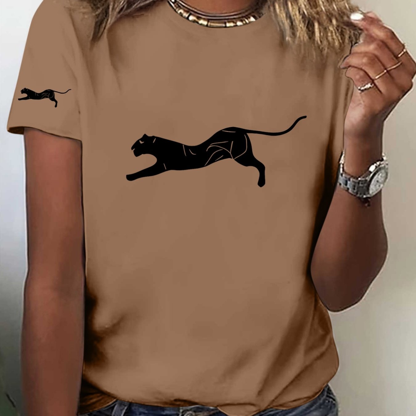 TEMU Neck Short Sleeve T-shirt With Leopard Print, Full Of , Showcasing Wild Charm. Pattern Print - Elegant And Fashionable - Y2k - Women's Casual