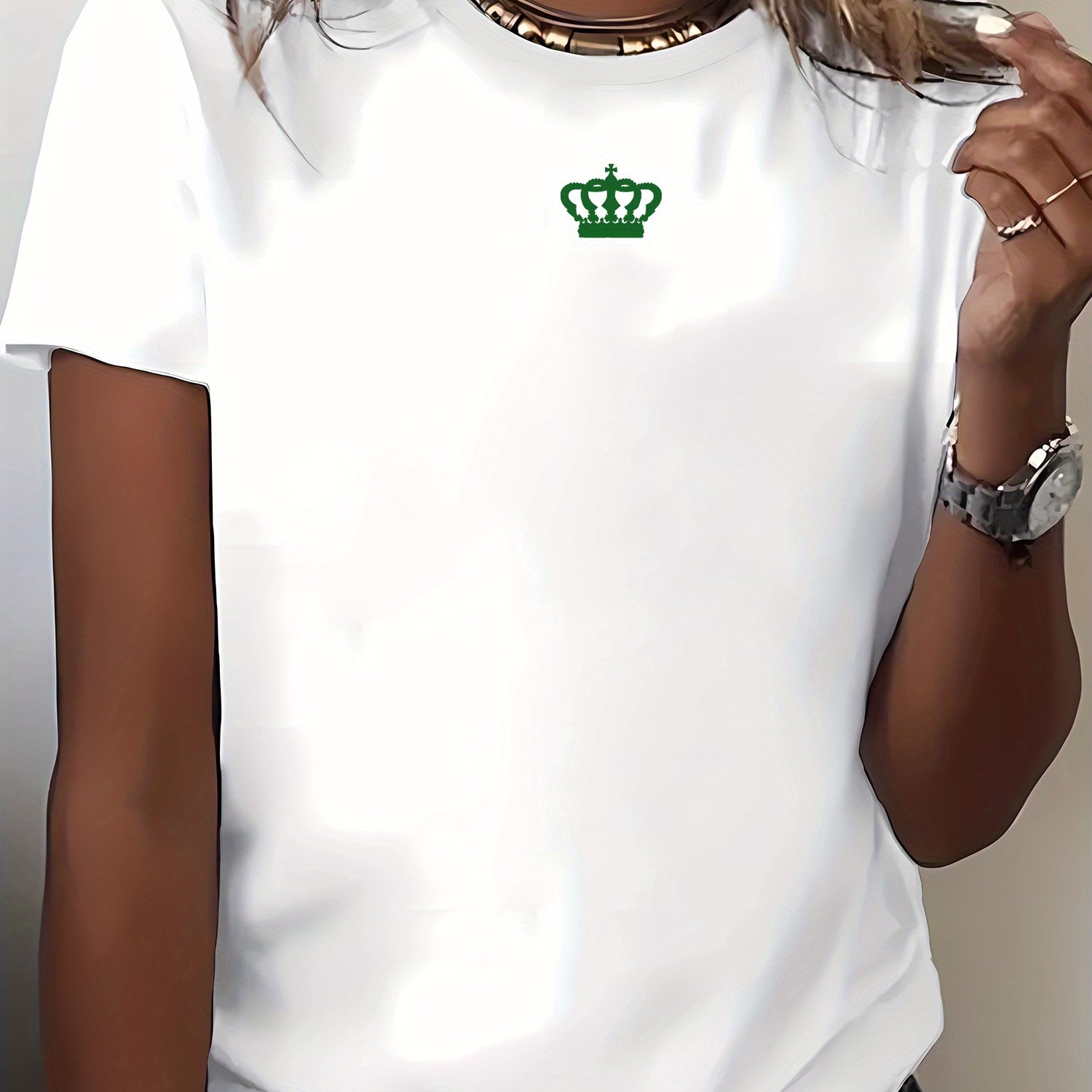 Simple And Versatile Crown Print T-shirt, Round Neck Short Sleeve Stretchy Sportswear, Comfortable Women's Top, White Short Sleeve, Casual Women's Clothing