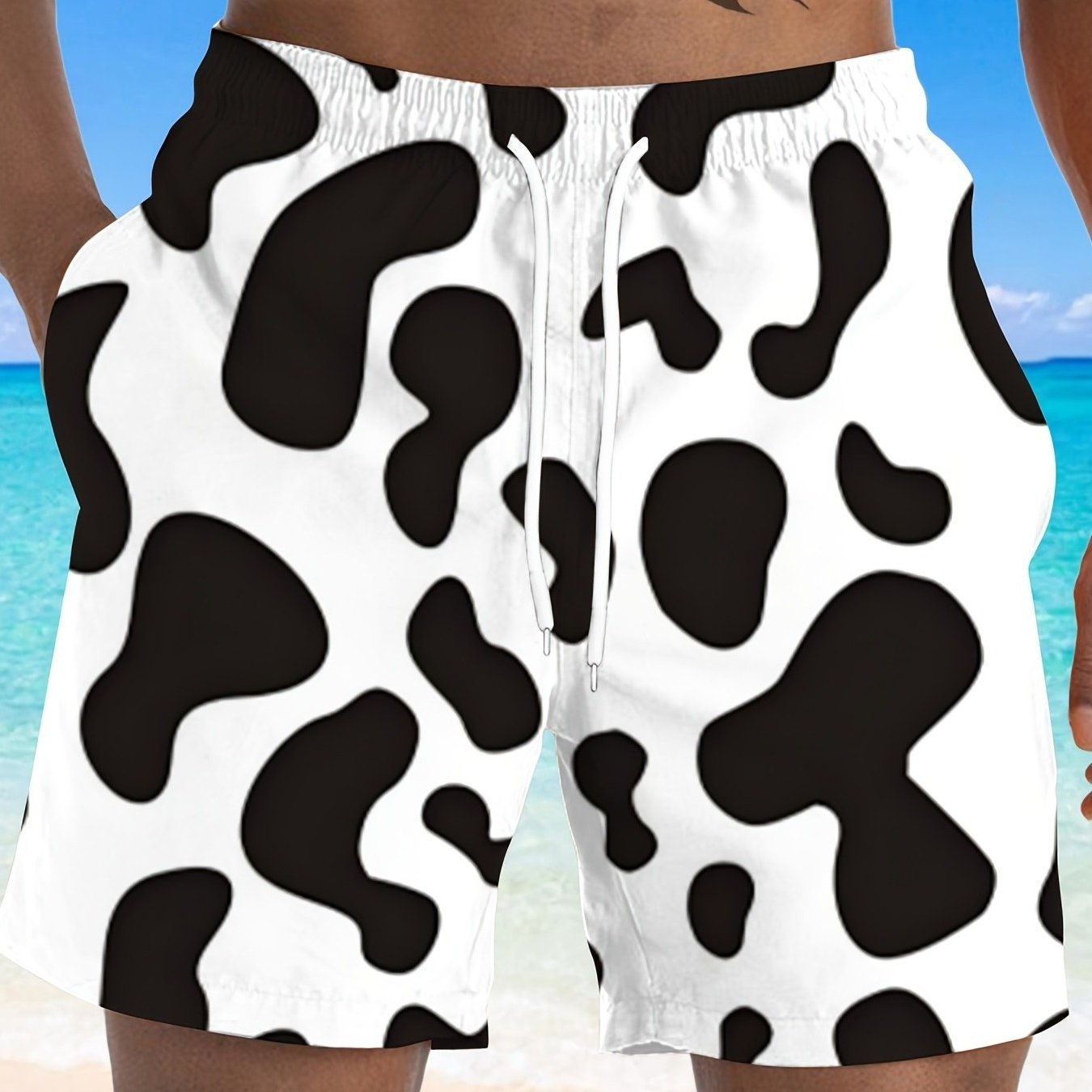 TEMU Men's Beach Shorts With Cow Print, Casual Beach Shorts Featuring Pockets - In White And Black, With An Elastic Waistband And Drawstring, Made