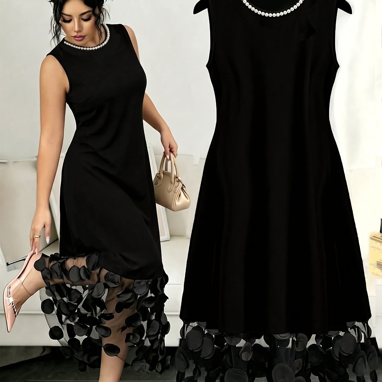 TEMU Fashion Solid Color Versatile Round Neck Elegant Women's Dress, With 3d Hem And Beaded Neckline, Summer New Style, Suitable For Elegant Daily