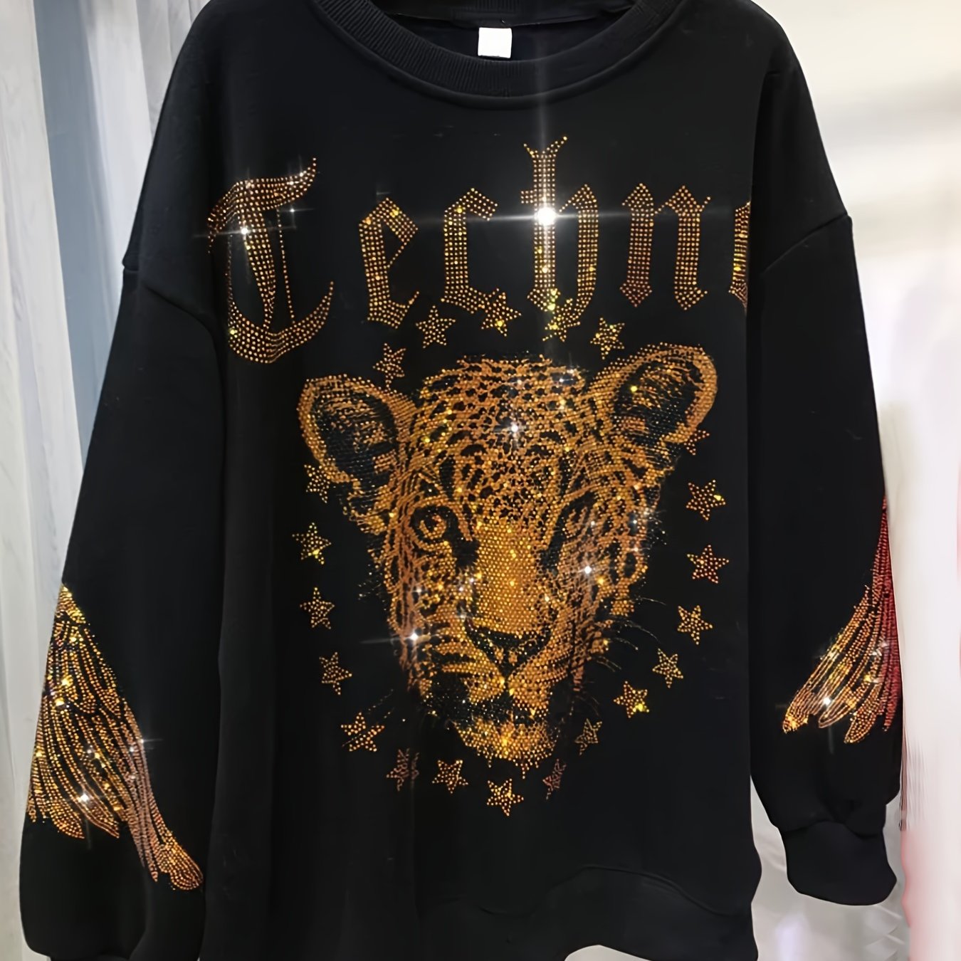 Image of Plus Size Sweatshirt For Women, Crewneck Leopard Rhinestones Graphic Pullover, Long Sleeves Oversized Top Casual, Streetwear, Oversized, Spring, Autumn, Winter, Sparkling, Stylish