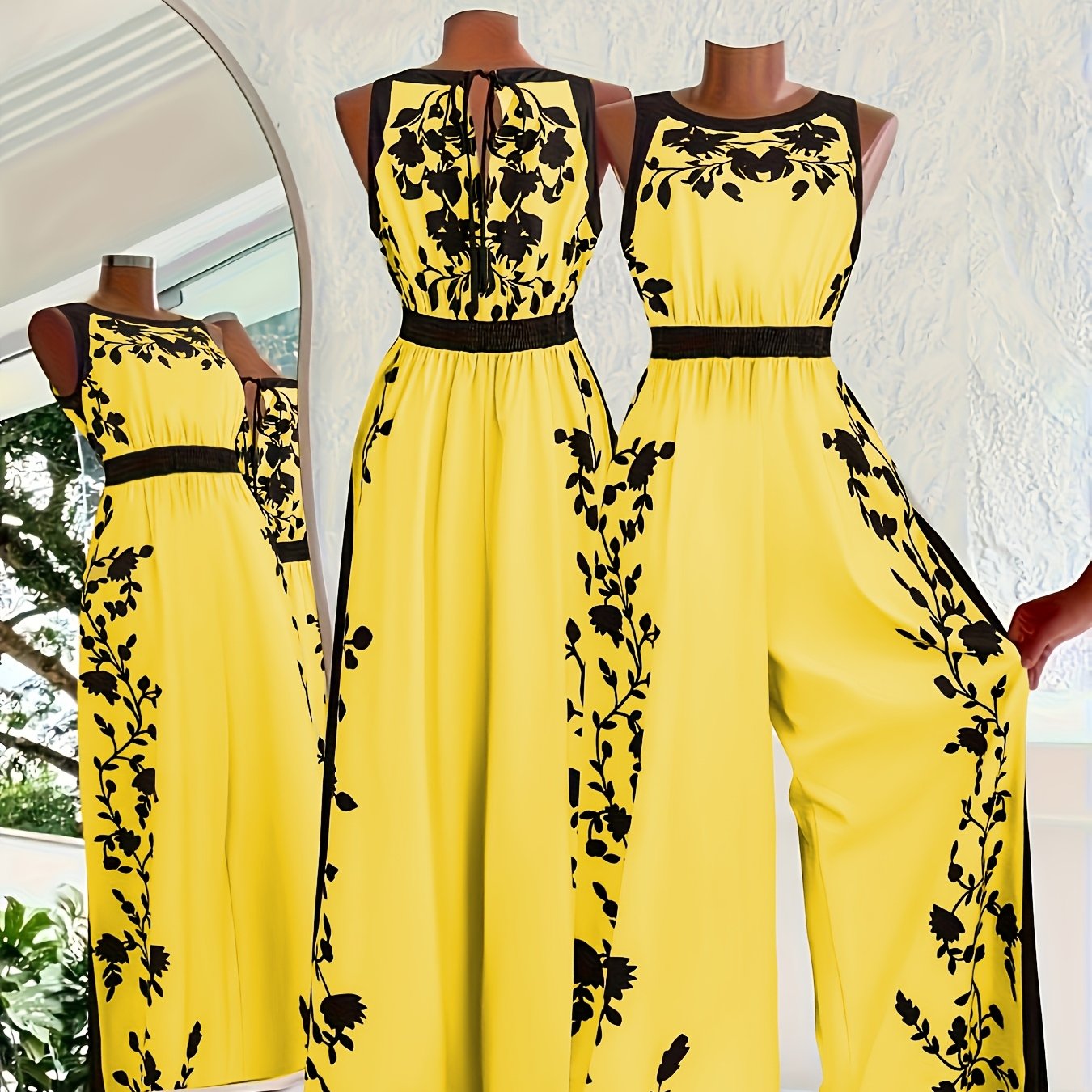 TEMU New Casual Leisure Beach Vacation Tie-waist Printed Fashion Commuter Home Women's Jumpsuit