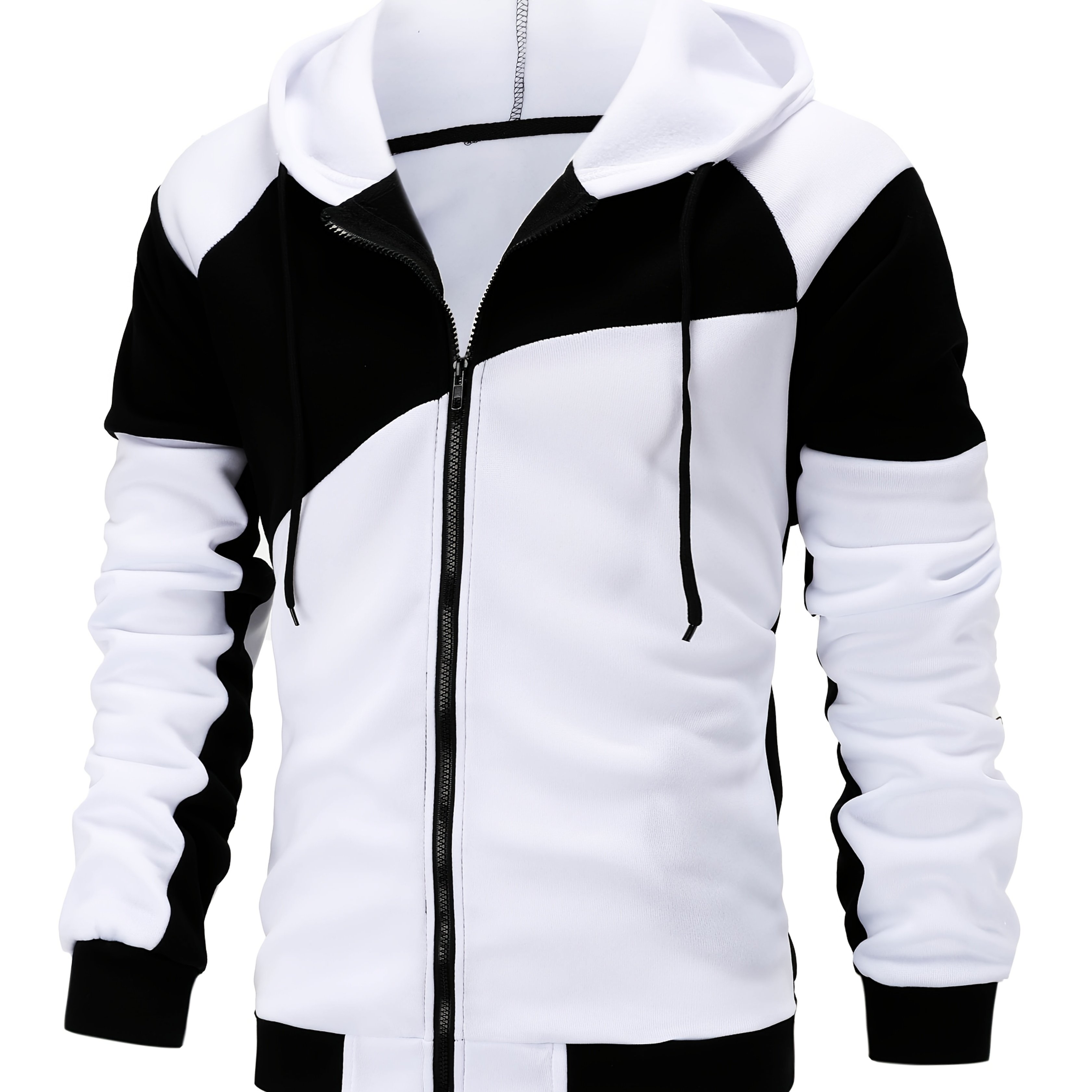 Double Layer Drawstring Hooded Jacket, Men's Casual Color Block Stand Collar Zip Up Jacket Coat For Fall Winter Outdoor Hiking Climbing Camping Cycling
