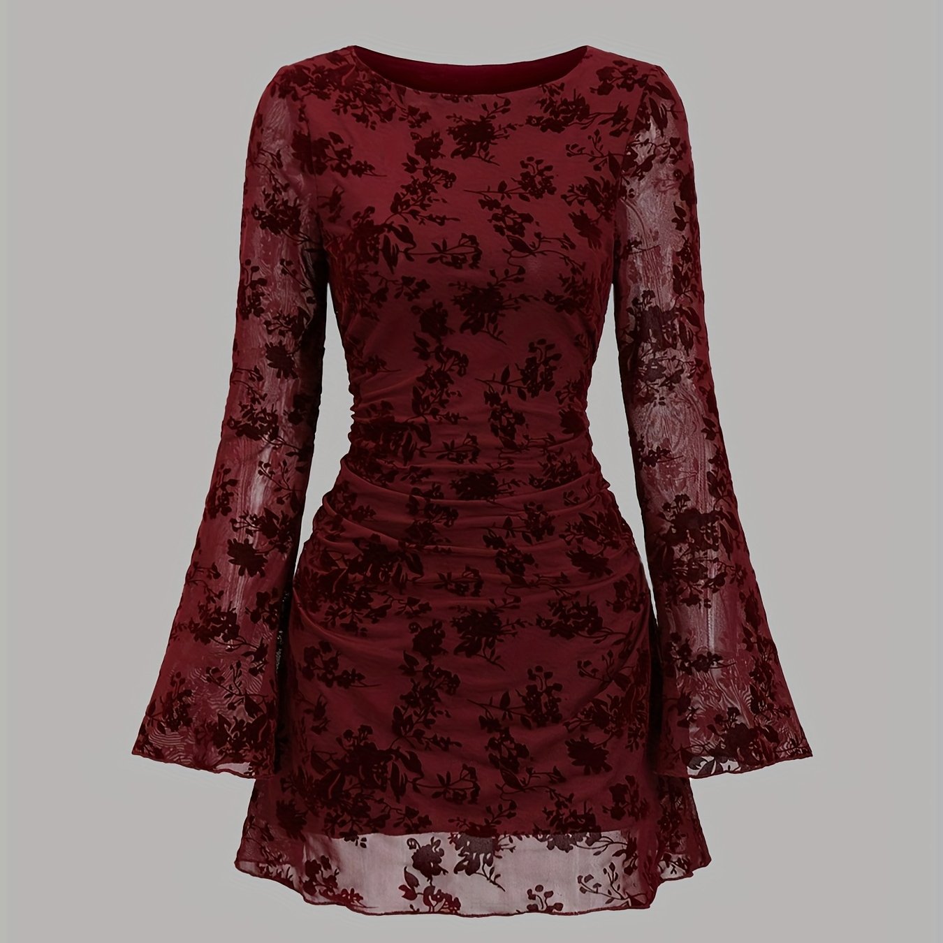 Women's Elegant Retro Mesh Printed Flared Long-sleeved Slim Dress, Suitable For Occasions Such As Dating And Parties