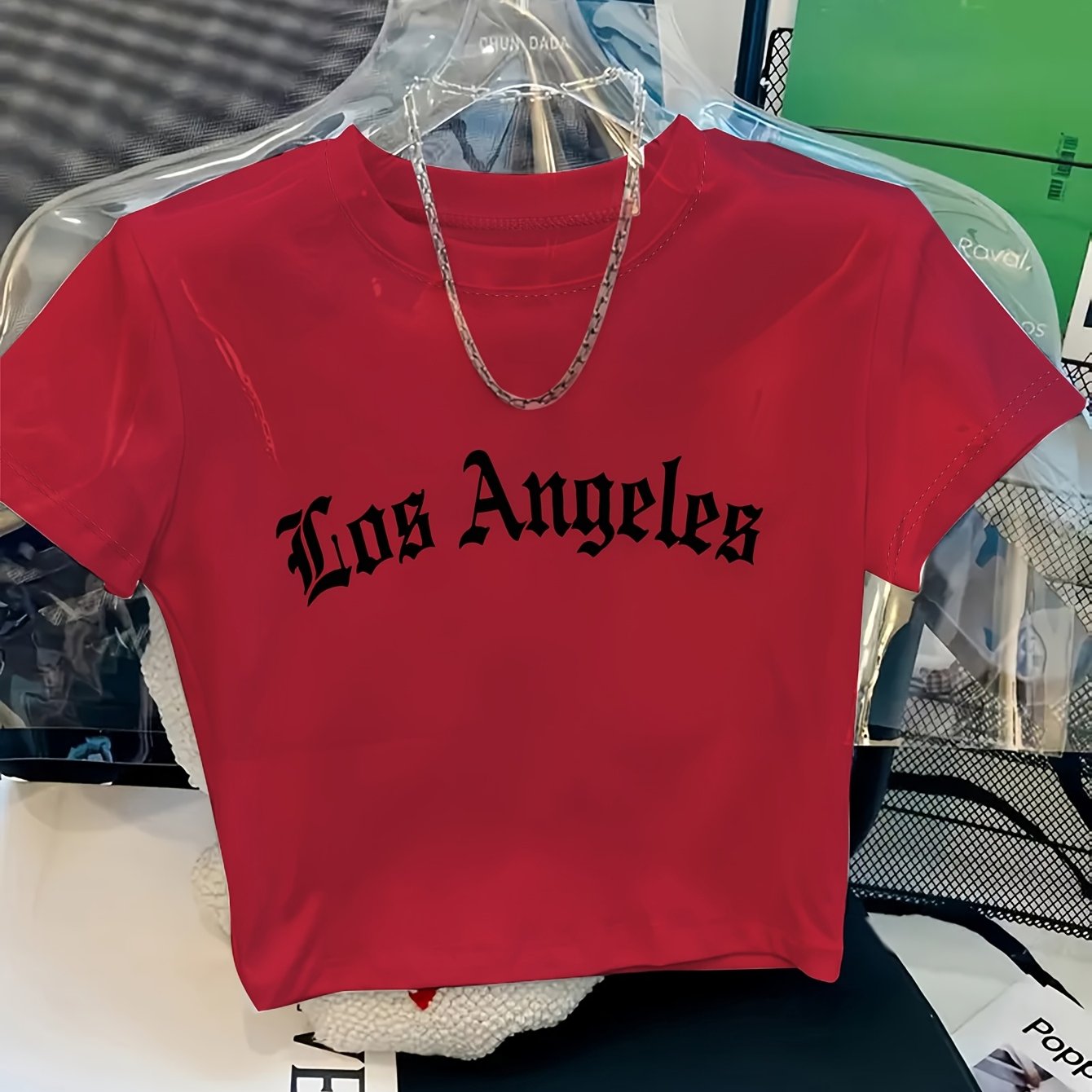 TEMU Women's Short Cropped T-shirt, Slim Fit And Round Neck, Ultra-short Sleeves, Los Angeles City English Print