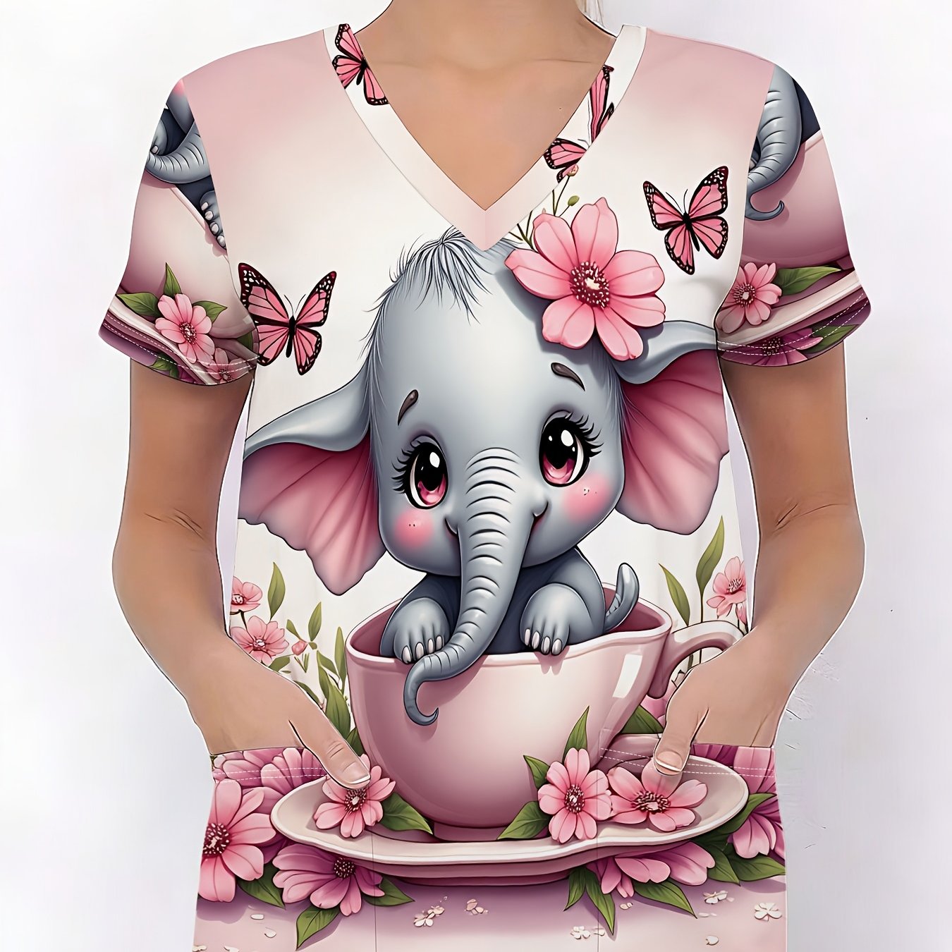 TEMU Women's Work Uniform, Women's V-neck T-shirt Pink Cute Elephant Teacup Flower Wrap, Women's Work Dress, Soft Cute Women's V-neck Short Sleeve,