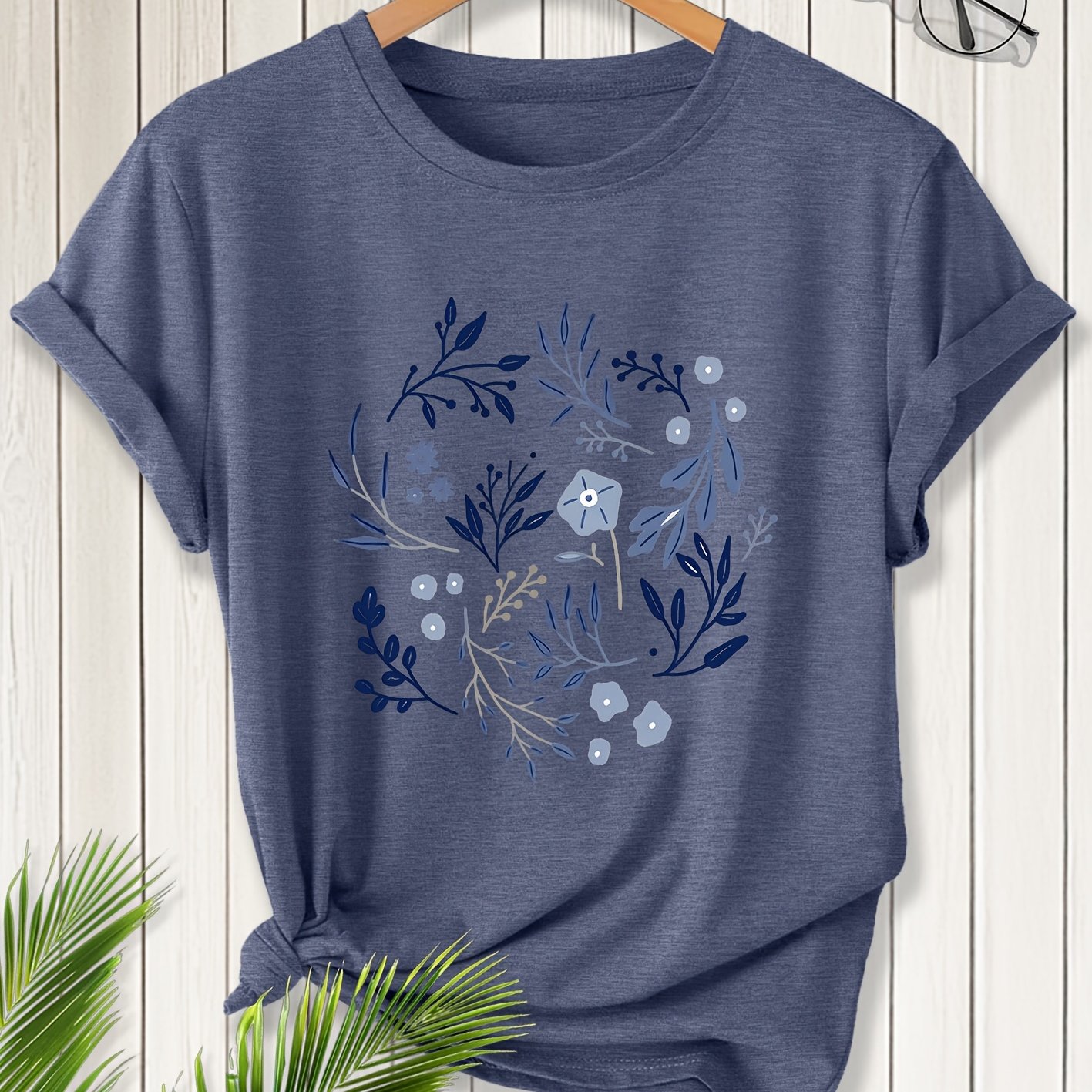 TEMU T-shirt à manches courtes de style vintage avec un imprimé floral , doté d'un col rond et d'une coupe , parfait pour les élégantes et les tenues